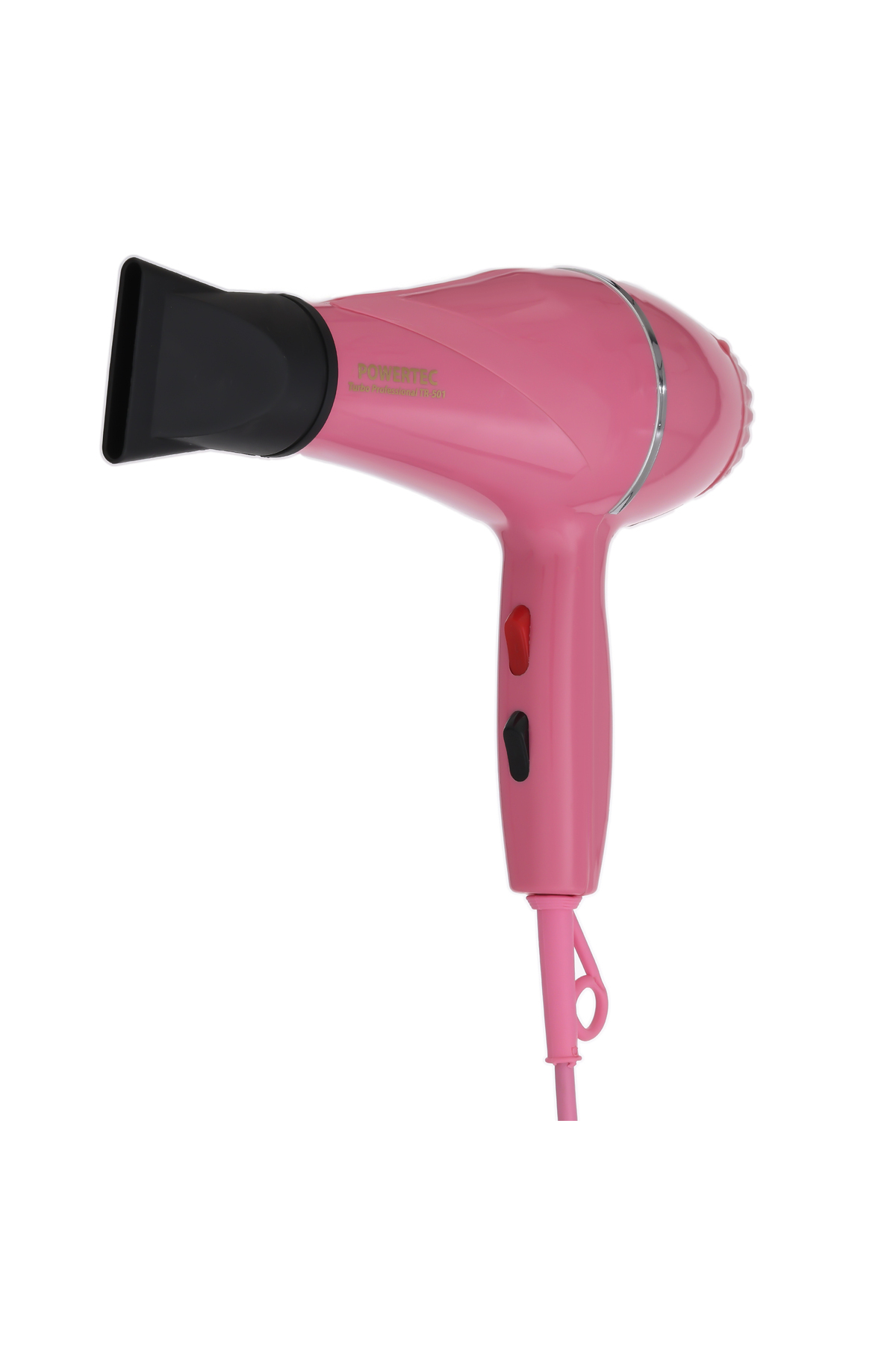 Beyaz arka planda siyah başlıklı ve düğmeli pembe bir saç kurutma makinesi.
