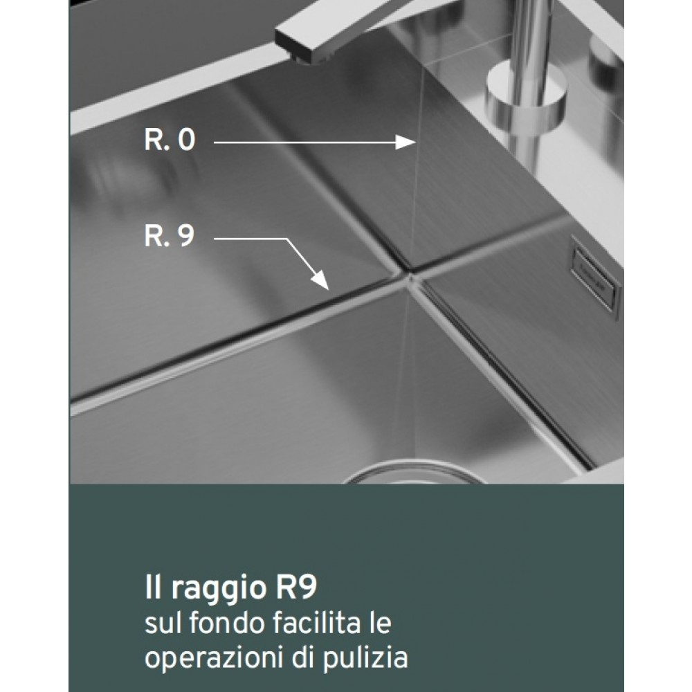 Lavello in acciaio inox con etichette dei raggi R.0 e R.9 e testo descrittivo.