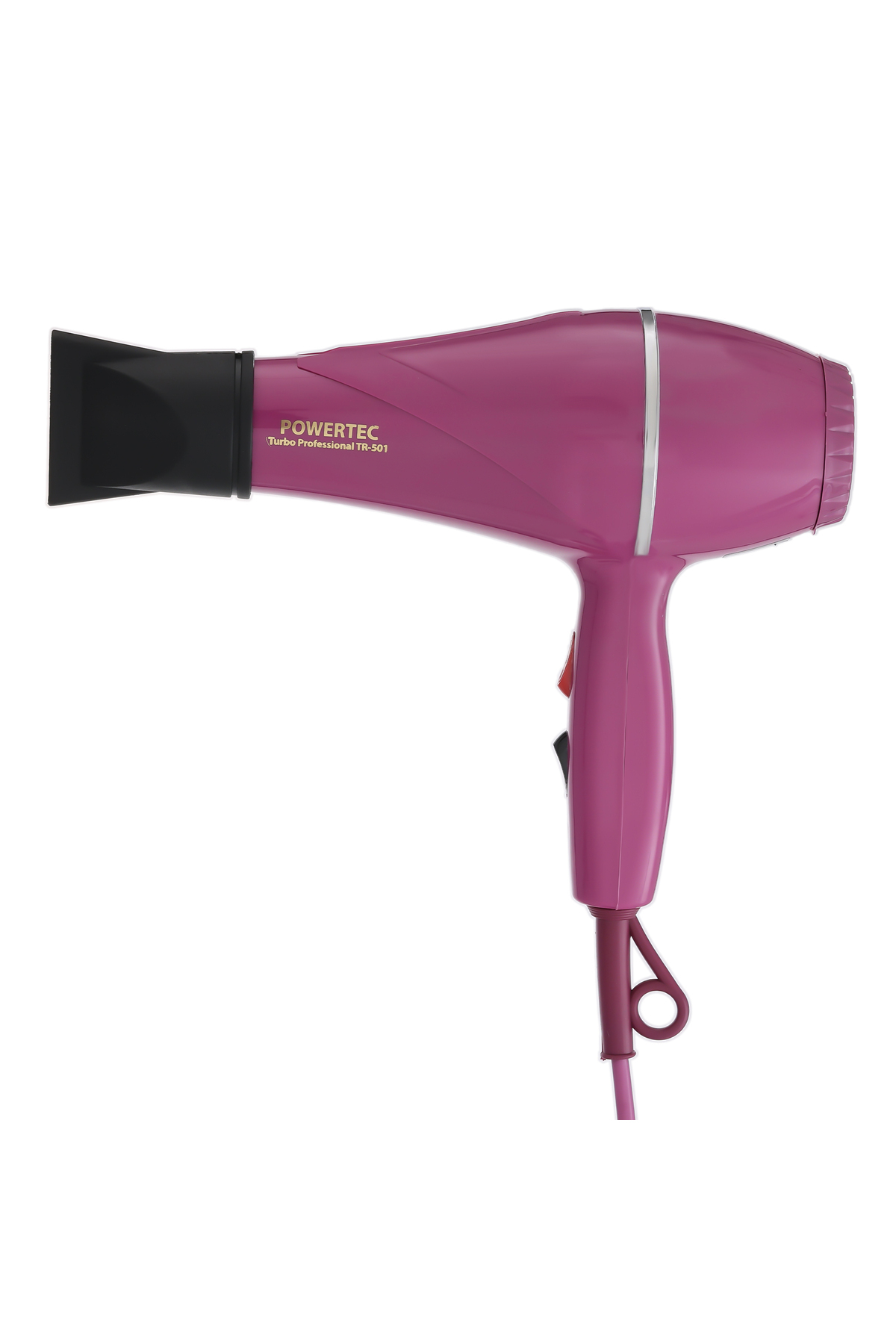 Beyaz arka planda siyah başlıklı pembe Powertec Turbo Professional TR-501 saç kurutma makinesi.