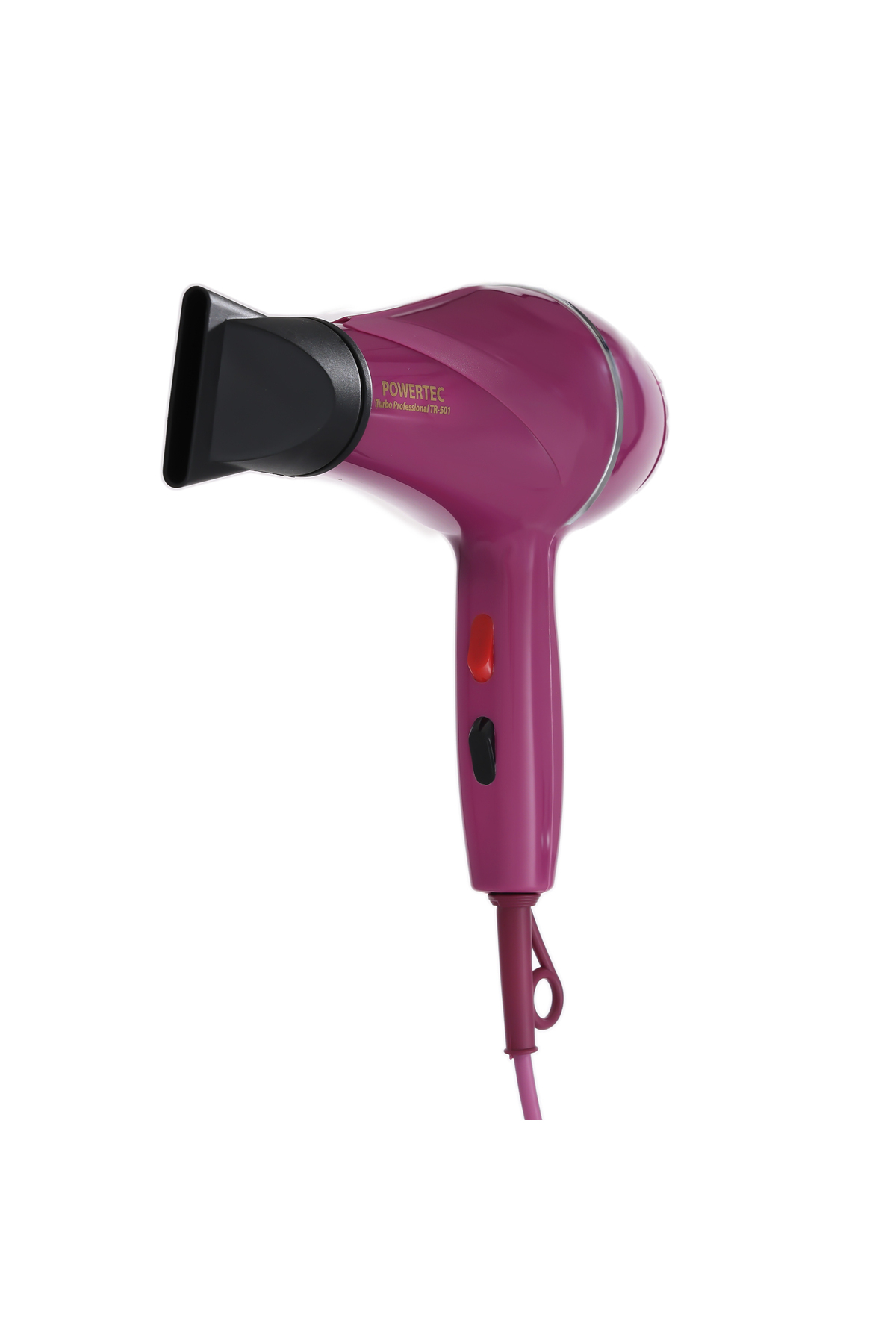 Beyaz arka planda siyah başlıklı ve kablolu pembe Powertec saç kurutma makinesi.