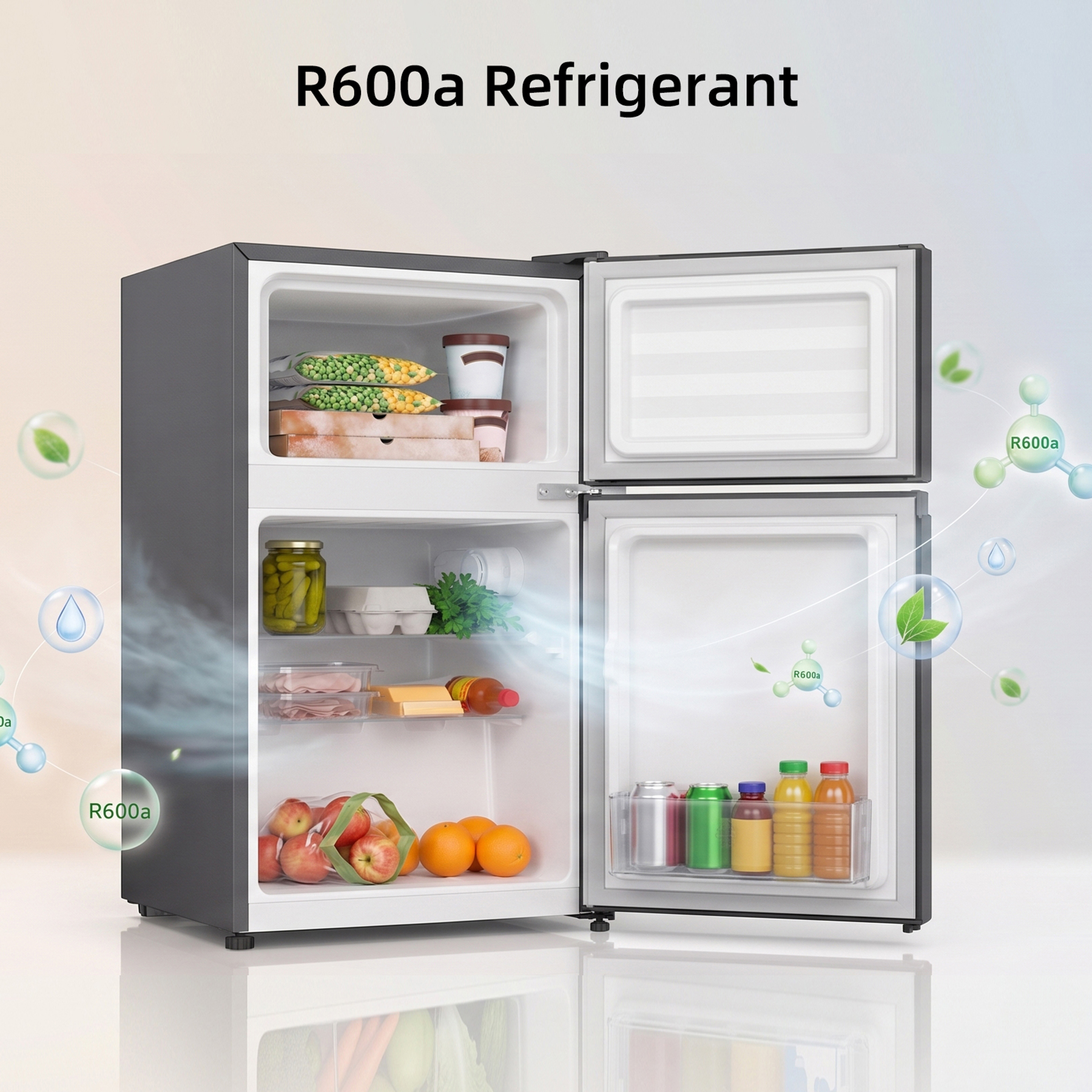 Small refrigerator with open doors, filled with food items and a fresh air flow.