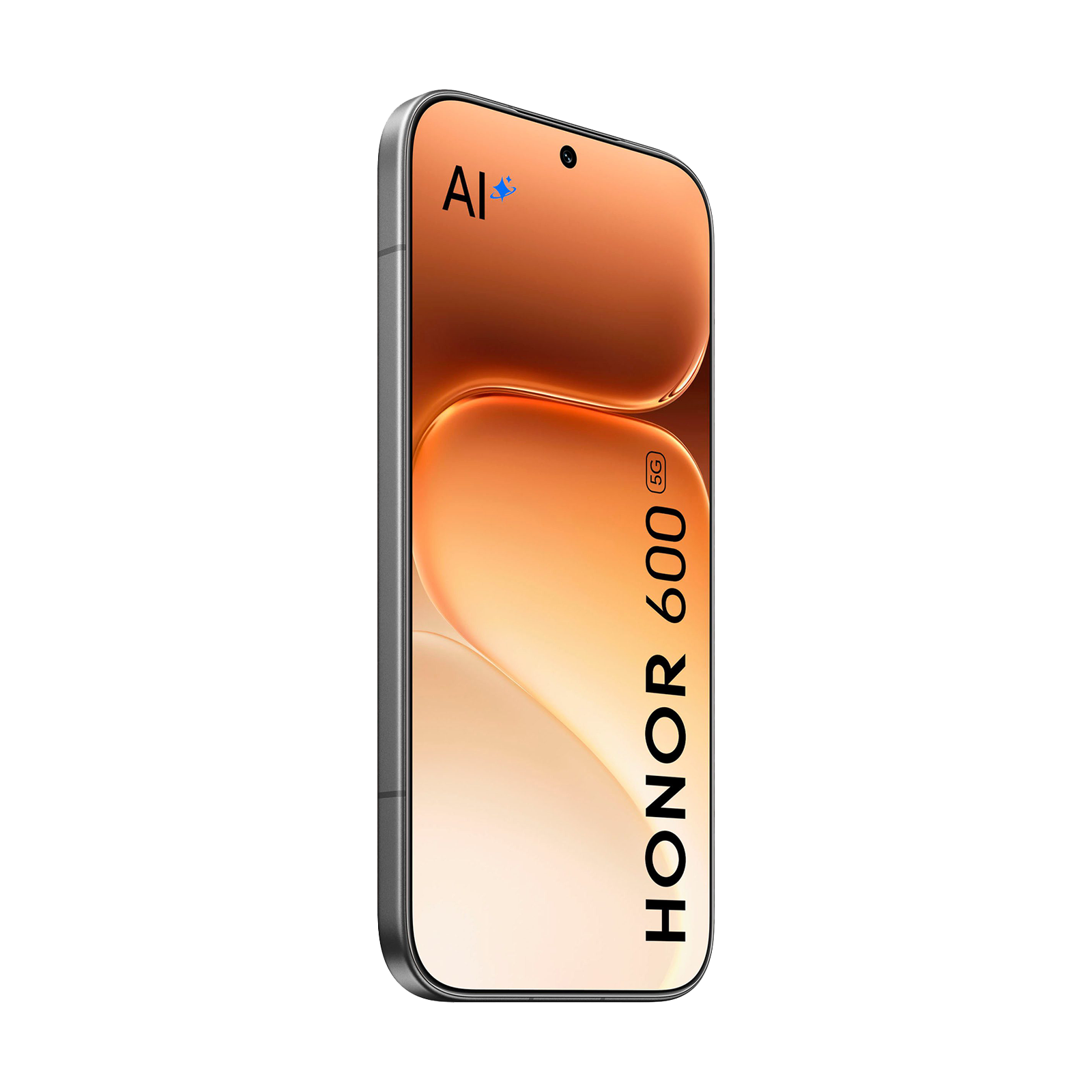 Ein silbernes Honor 600 5G Smartphone auf schwarzem Hintergrund mit orange-goldener Displaygrafik.