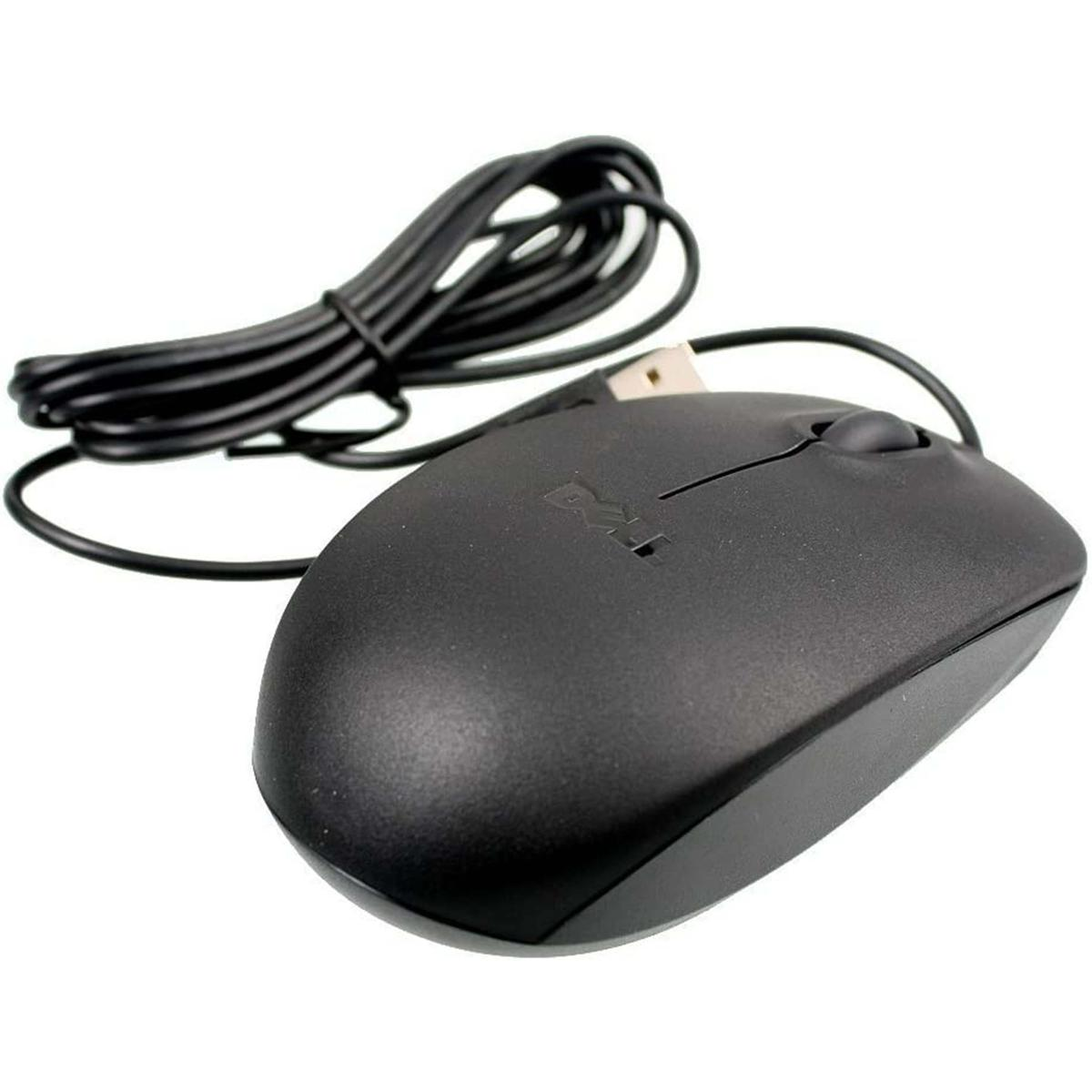 Mouse con filo Dell nero con rotellina di scorrimento e cavo USB arrotolato su sfondo bianco.