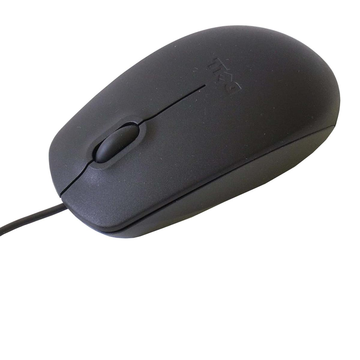 Un mouse per computer nero con filo su sfondo bianco, dotato di rotellina di scorrimento e due tasti.