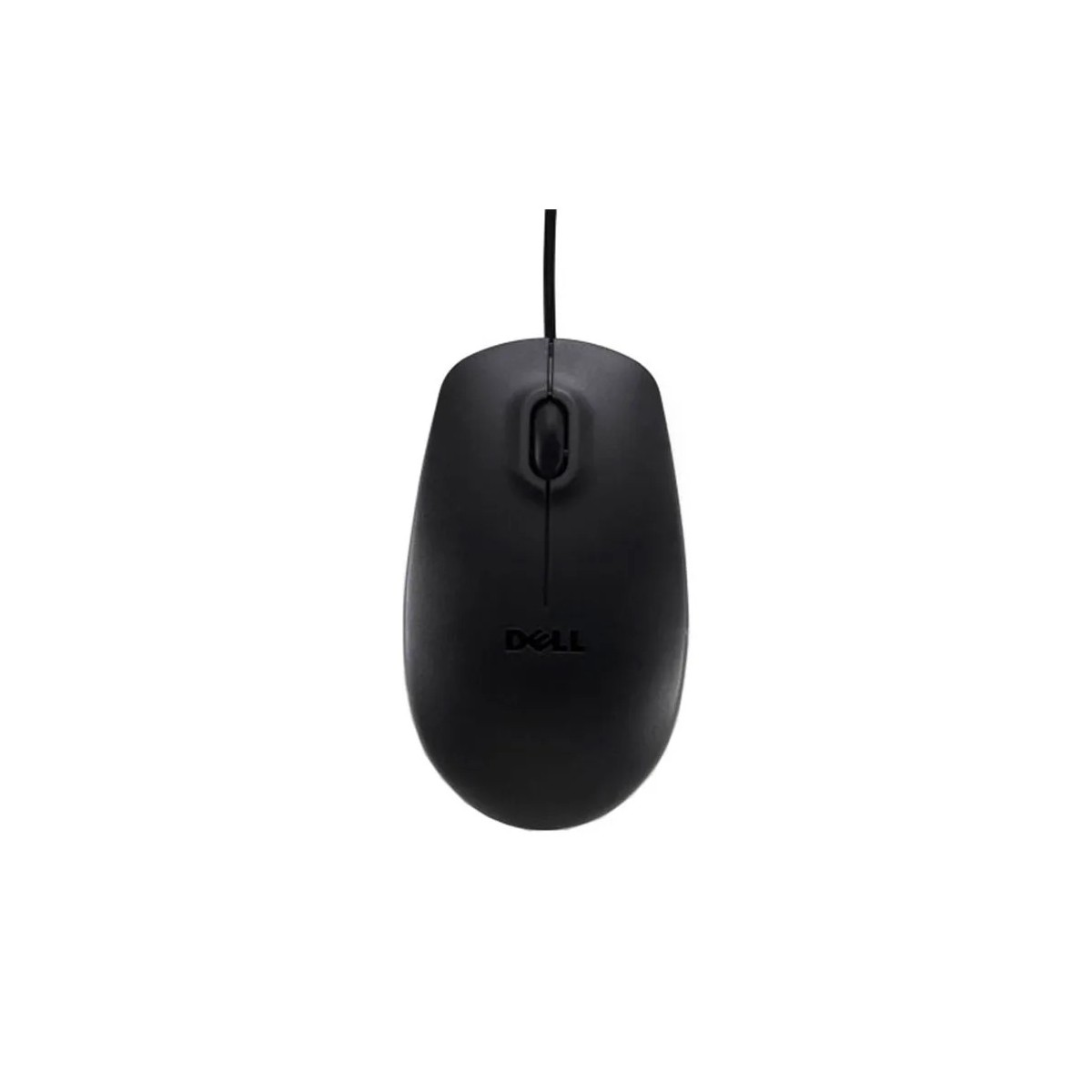 Un mouse per computer Dell nero con filo e rotella di scorrimento su sfondo bianco.