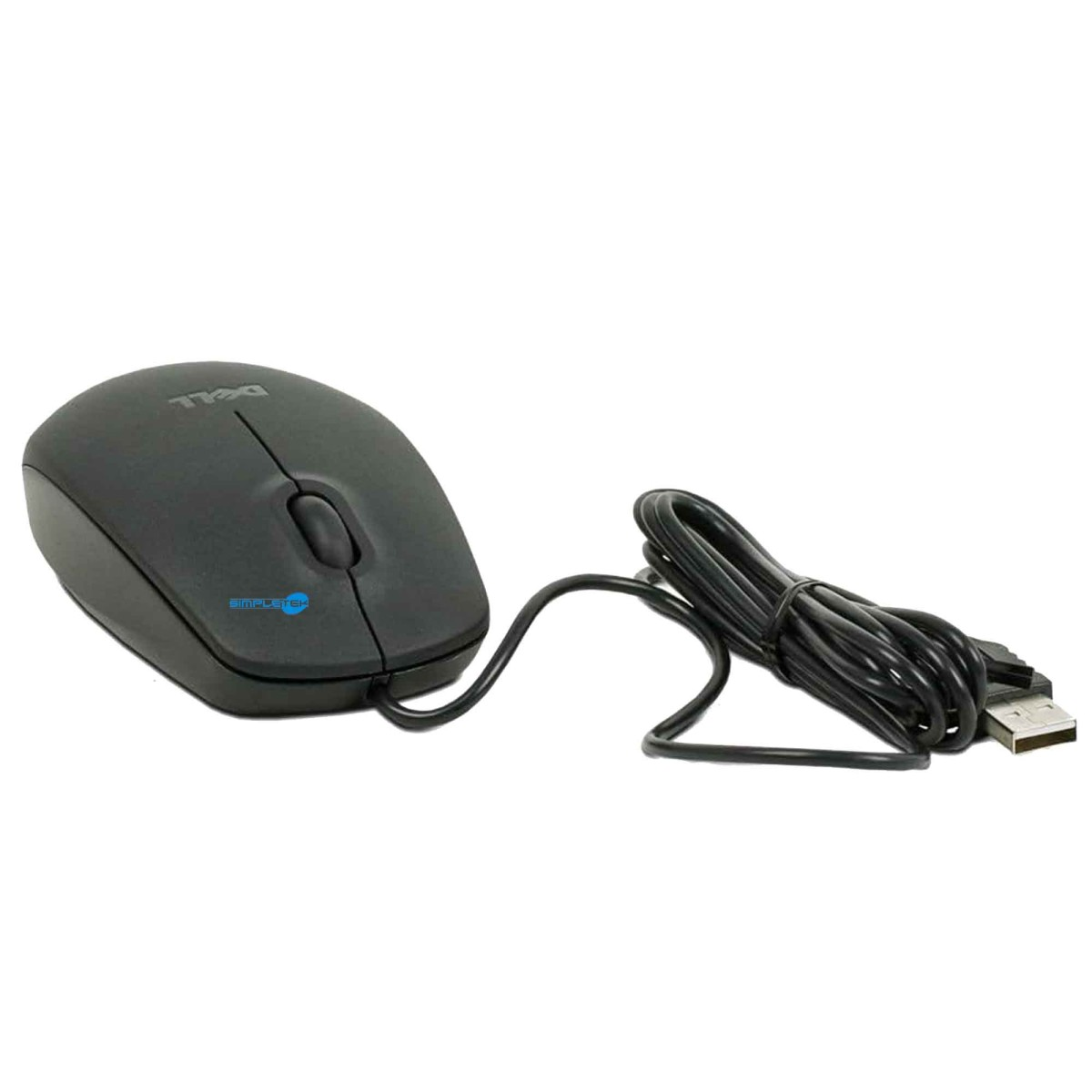 Un mouse per computer Dell nero con cavo e connettore USB su sfondo bianco.