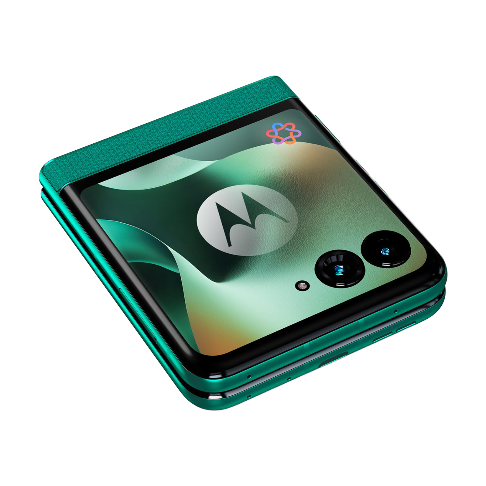 Ein geschlossenes grünes Motorola-Klapphandy mit zwei Außenkameras und Logo auf schwarzem Hintergrund.