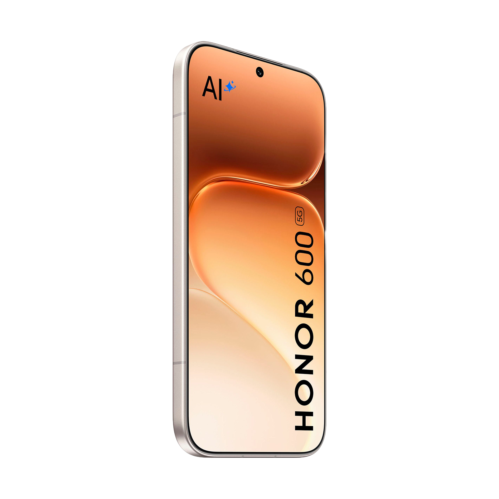 Ein weißes Honor 600 5G Smartphone auf schwarzem Hintergrund mit orangefarbenem Display und Text.