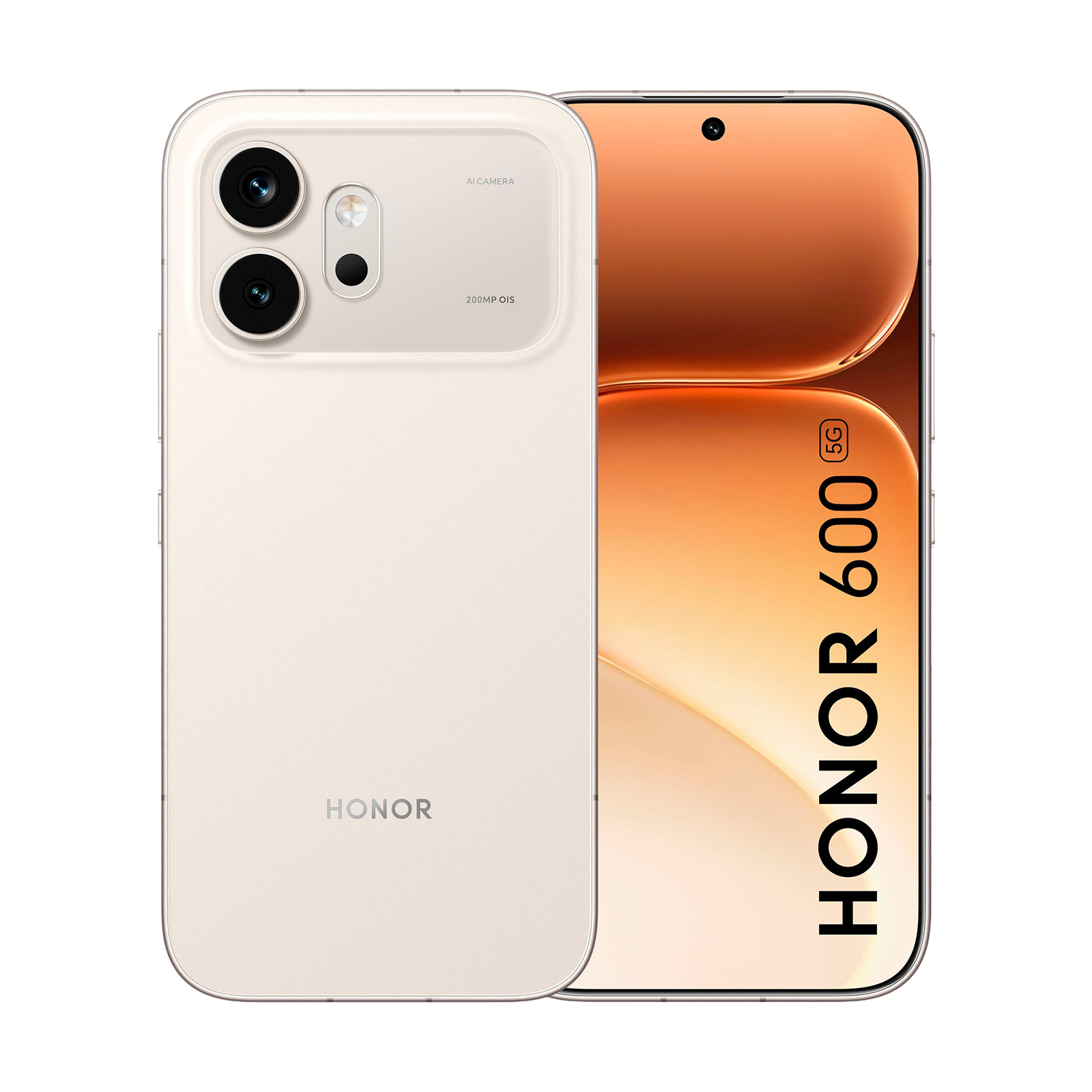 Ein cremefarbenes Honor 600 5G Smartphone zeigt Vorder- und Rückseite mit zwei Kameras.