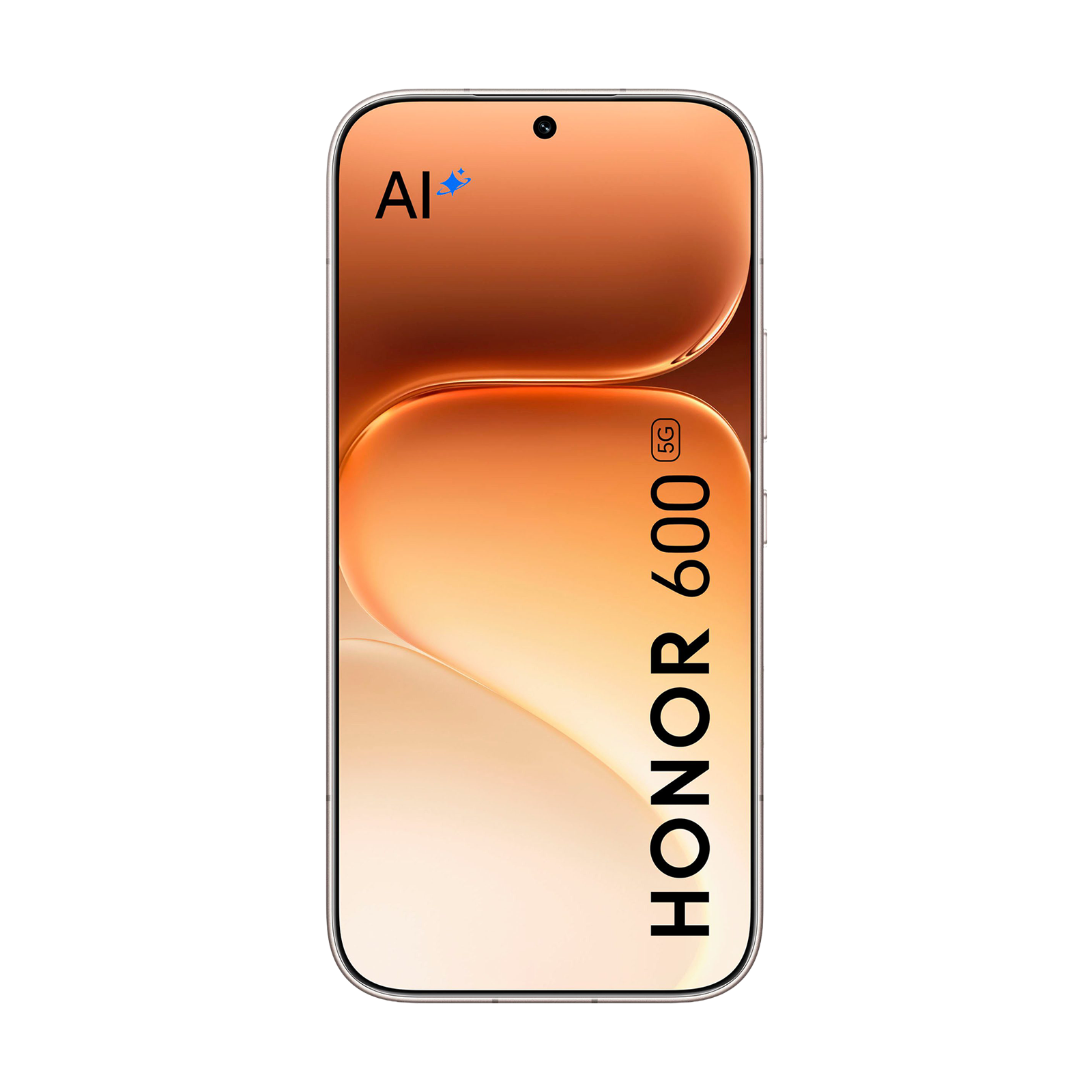 Smartphone mit orangefarbenem Bildschirm, Aufschrift AI und HONOR 600 5G vor schwarzem Hintergrund.