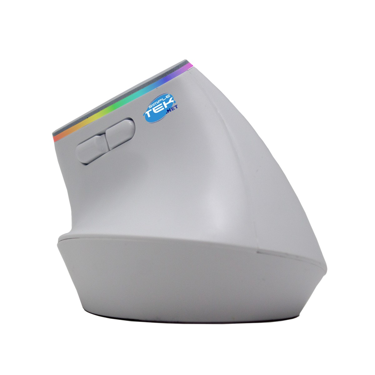 Un mouse per computer ergonomico verticale grigio chiaro con illuminazione RGB in alto e due pulsanti laterali.