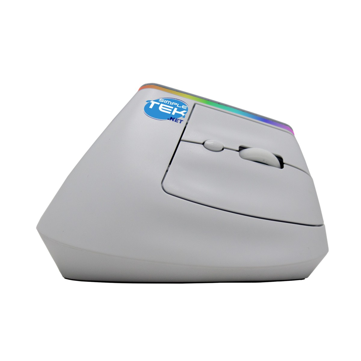 Un mouse verticale bianco con un logo blu Simple TEK .NET su sfondo bianco.