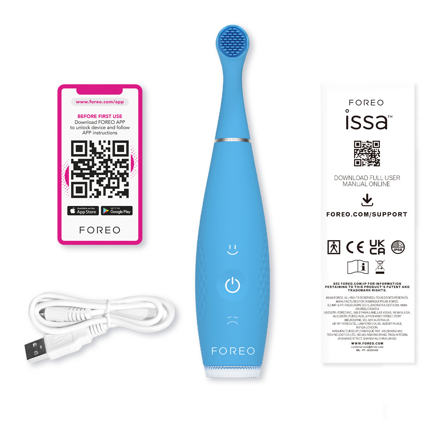 Spazzolino elettrico Foreo blu con cavo di ricarica, codice QR dell'app e manuale su sfondo bianco.