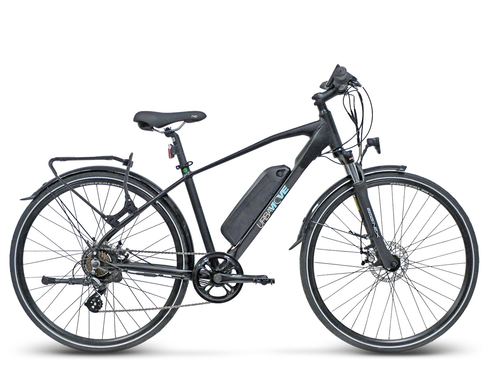 Ein schwarzes UrbanMove Elektrofahrrad mit Akku am Rahmen, Gepäckträger und Schutzblechen auf weißem Hintergrund.