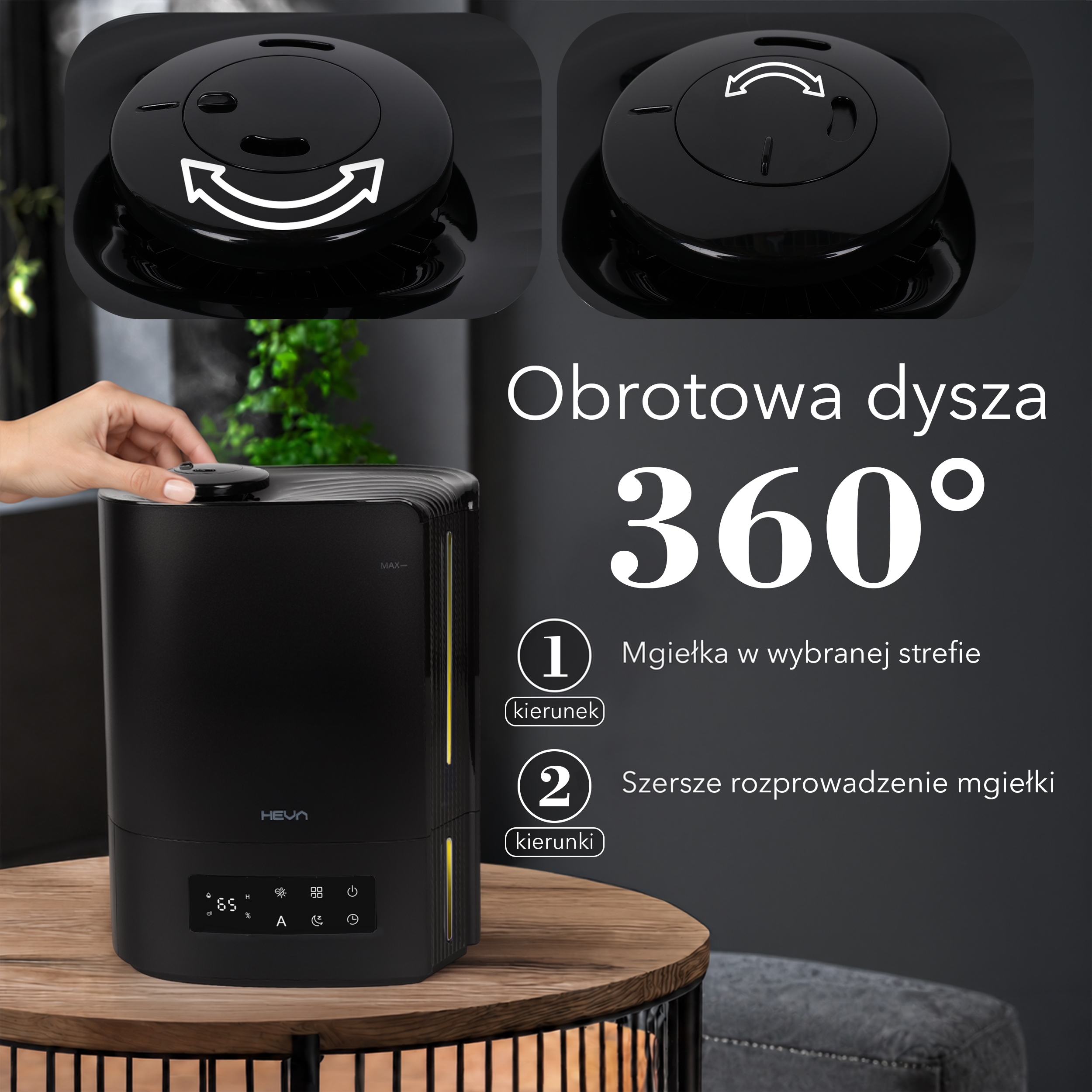 Czarny nawilżacz na drewnianym stole z tekstem o obrotowej dyszy 360 stopni i dwóch opcjach mgiełki.