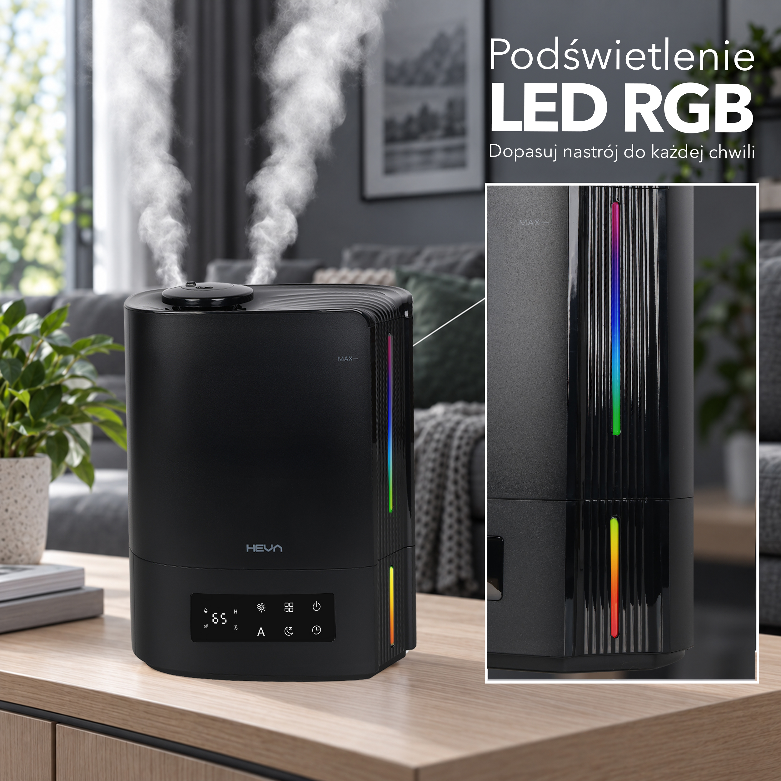 Czarny nawilżacz powietrza na drewnianym stole z unoszącą się mgiełką i oświetleniem RGB LED.
