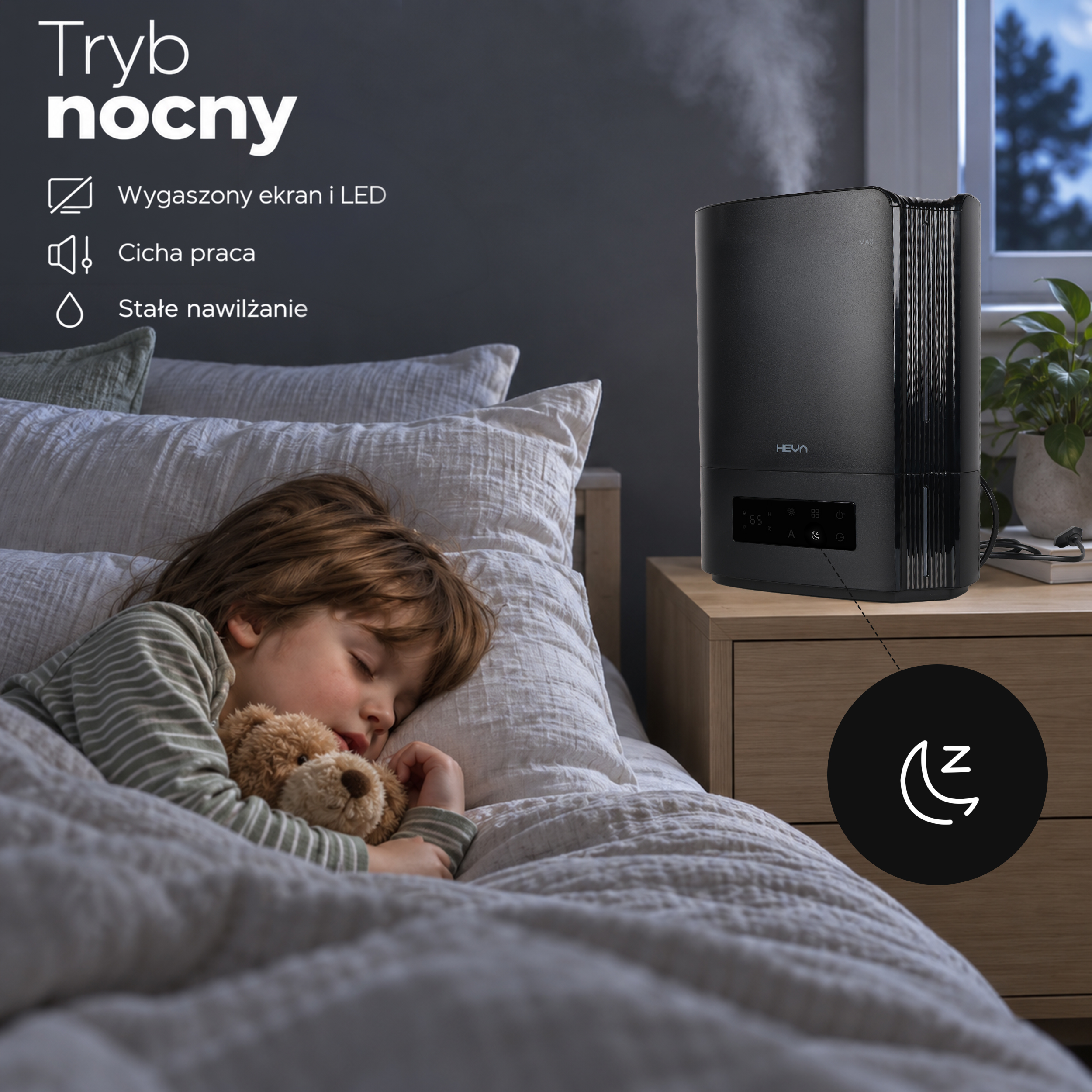 Dziecko śpi spokojnie w łóżku, podczas gdy czarny nawilżacz cicho mgli na szafce nocnej.