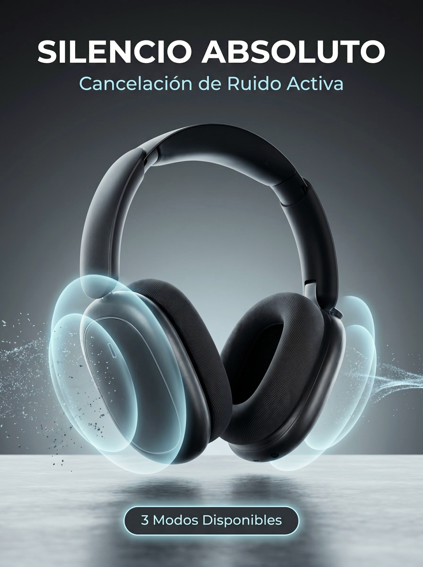 Auriculares negros con cancelación de ruido flotando sobre una superficie gris con ondas azules.