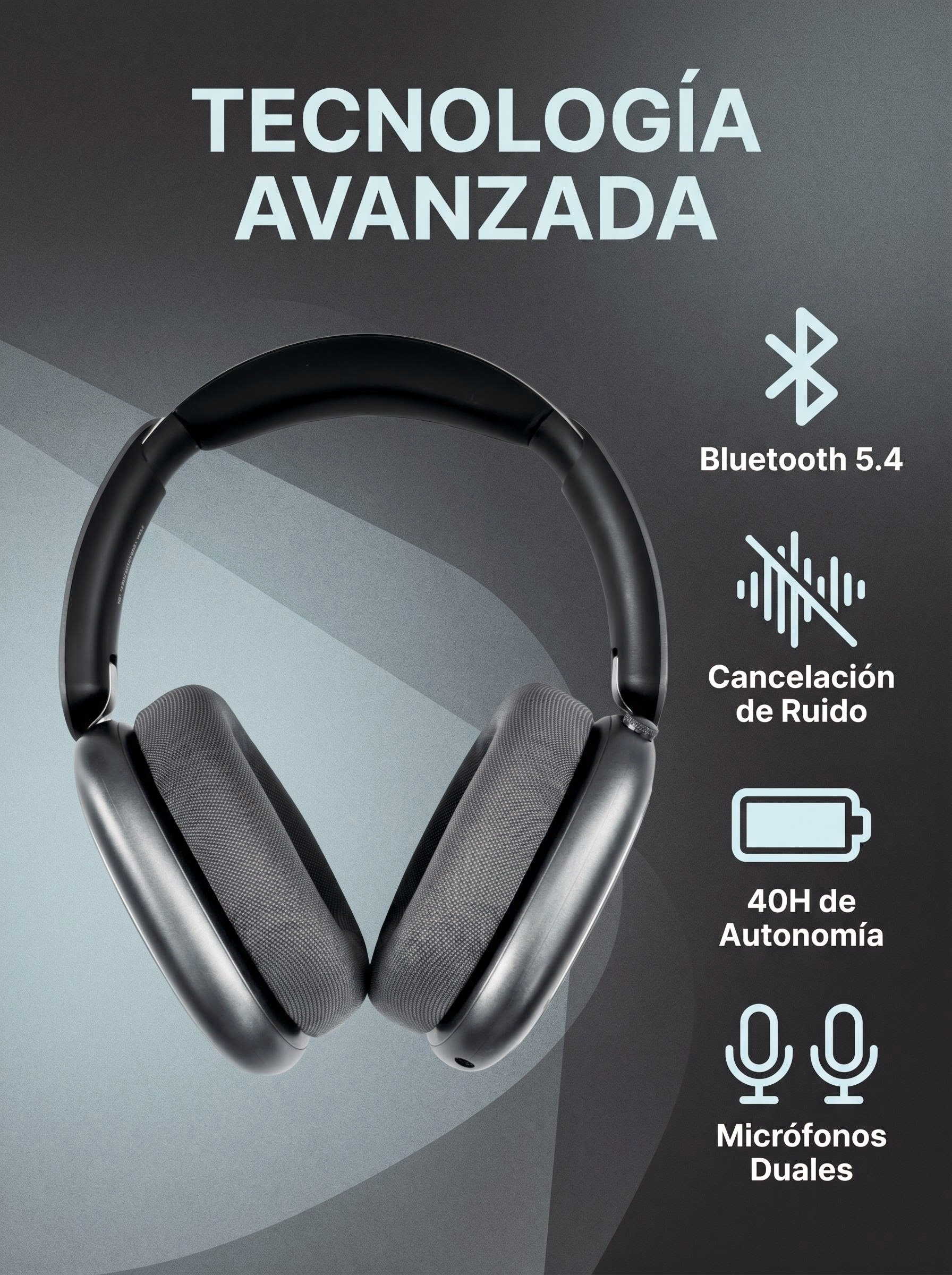 Auriculares supraaurales negros con Bluetooth, cancelación activa de ruido, batería de 40 horas y micrófonos duales.