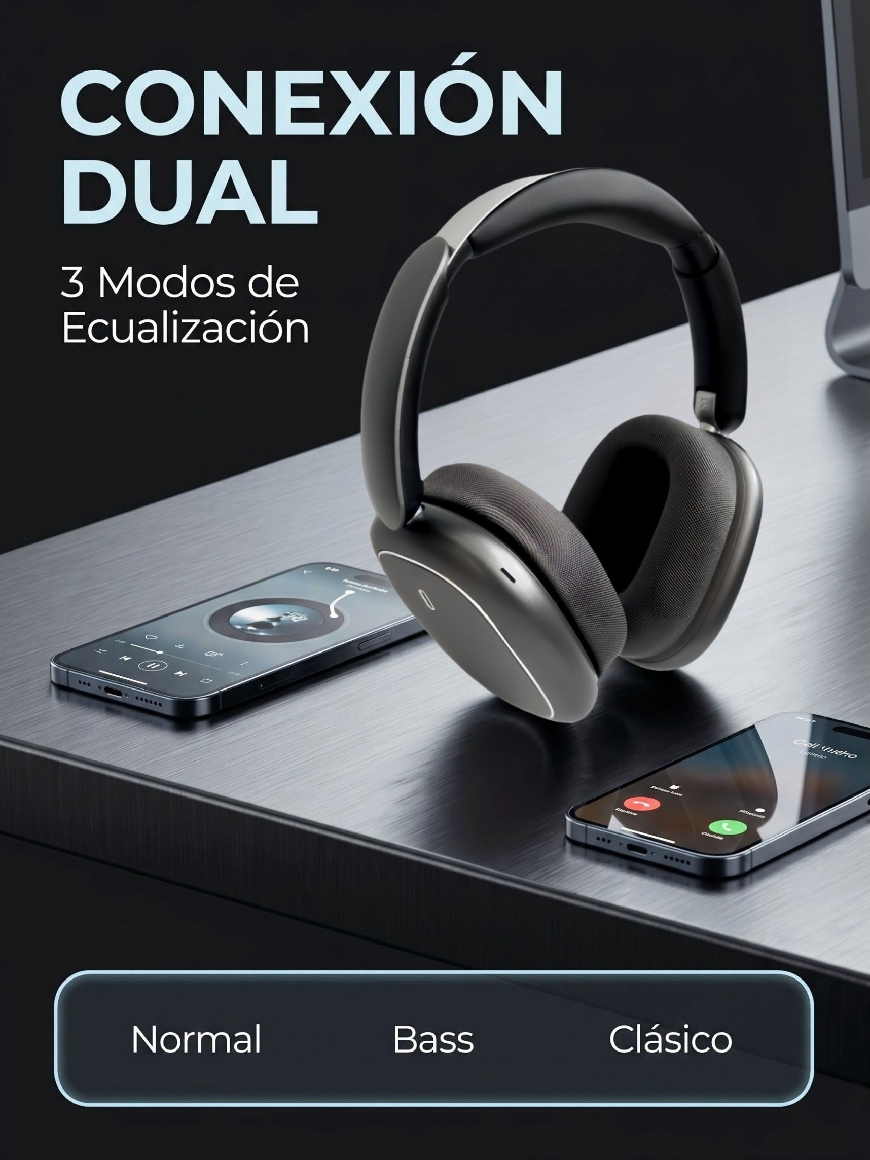 Auriculares inalambricos grises en un escritorio oscuro con dos telefonos mostrando reproductor y llamada.