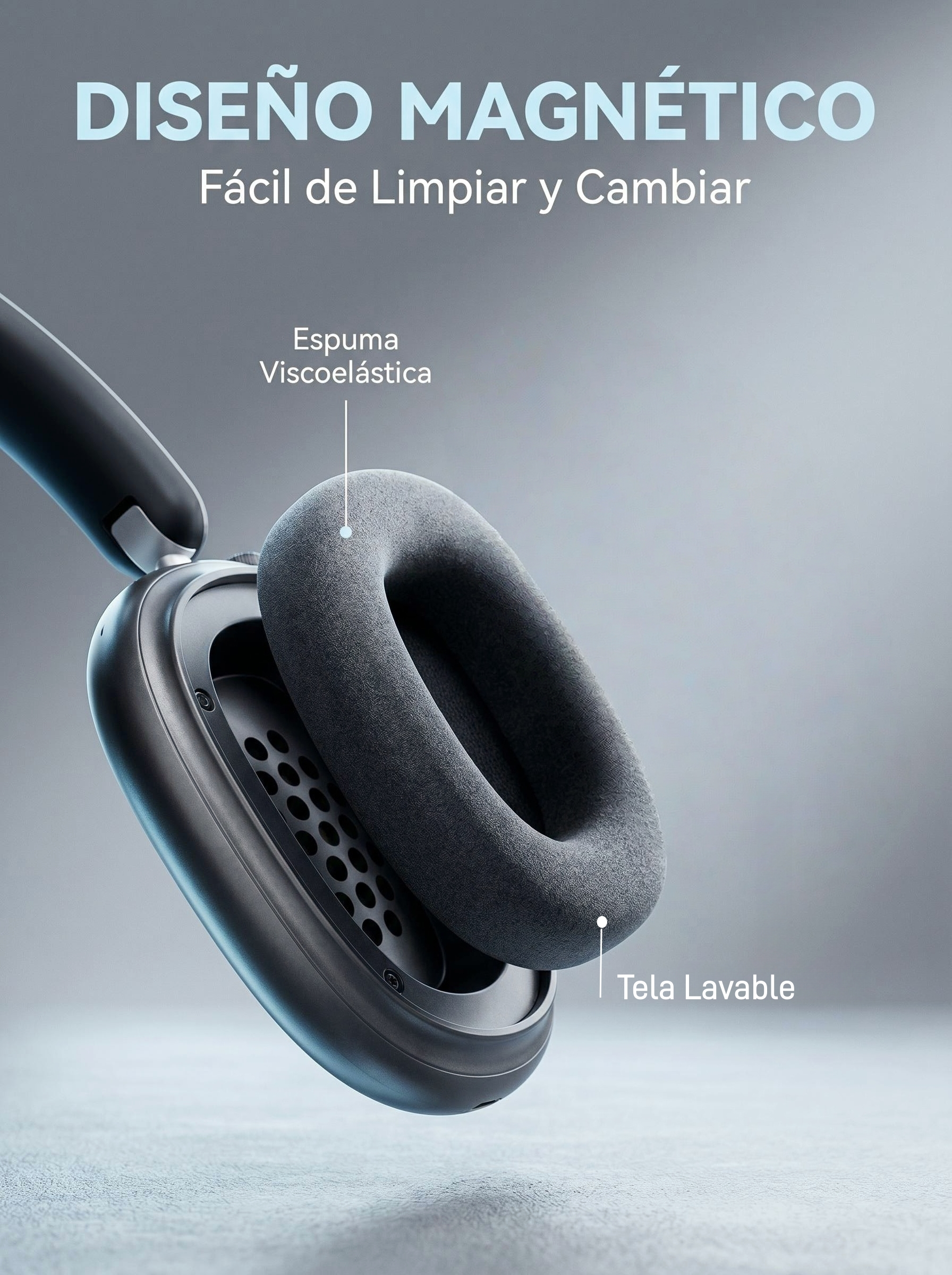 Auriculares grises con almohadilla magnética desmontable y etiquetas de texto sobre fondo gris.