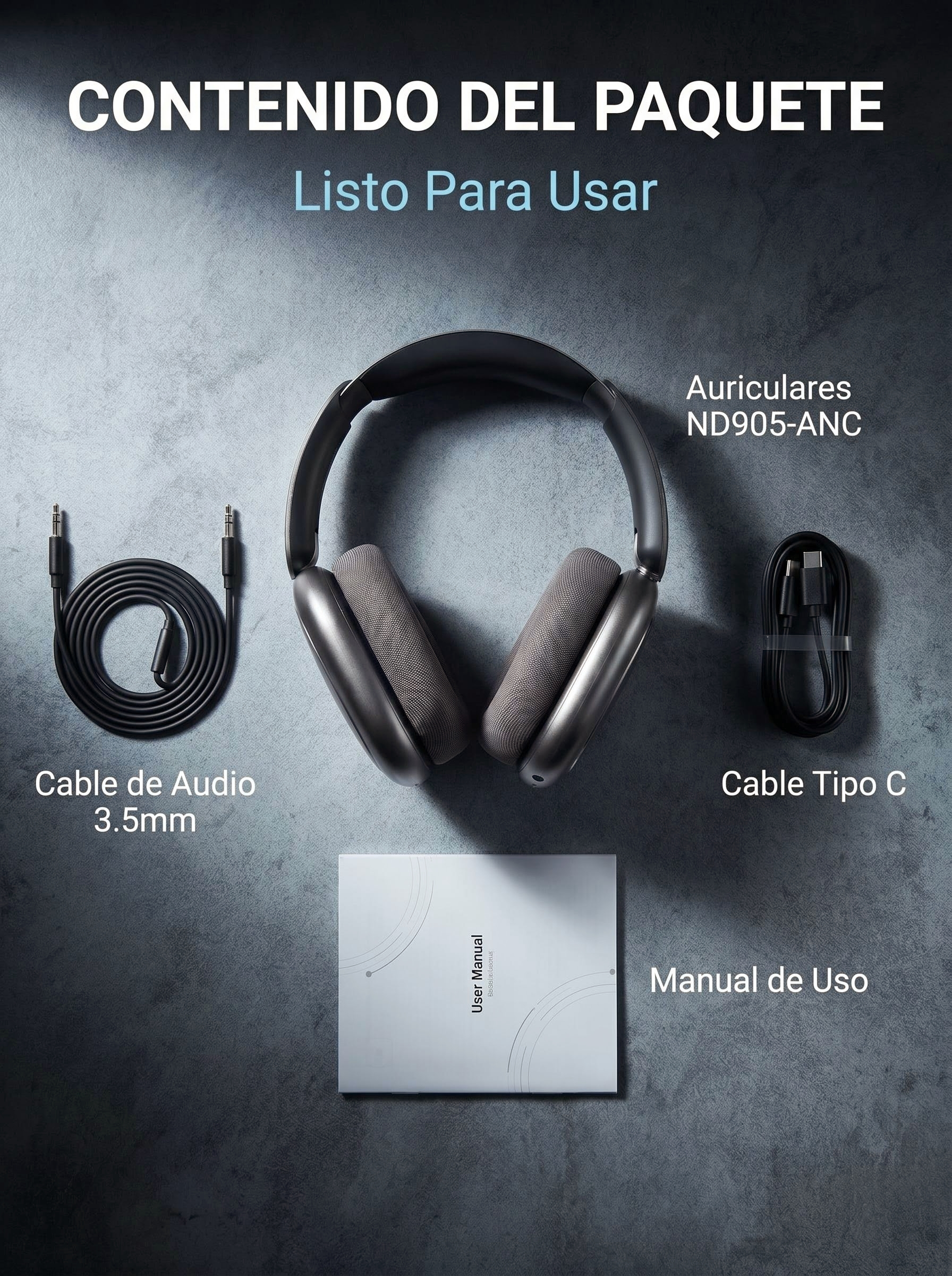 Contenido del paquete: auriculares ND905-ANC, cable de audio de 3,5 mm, cable tipo C y manual de usuario sobre fondo gris.
