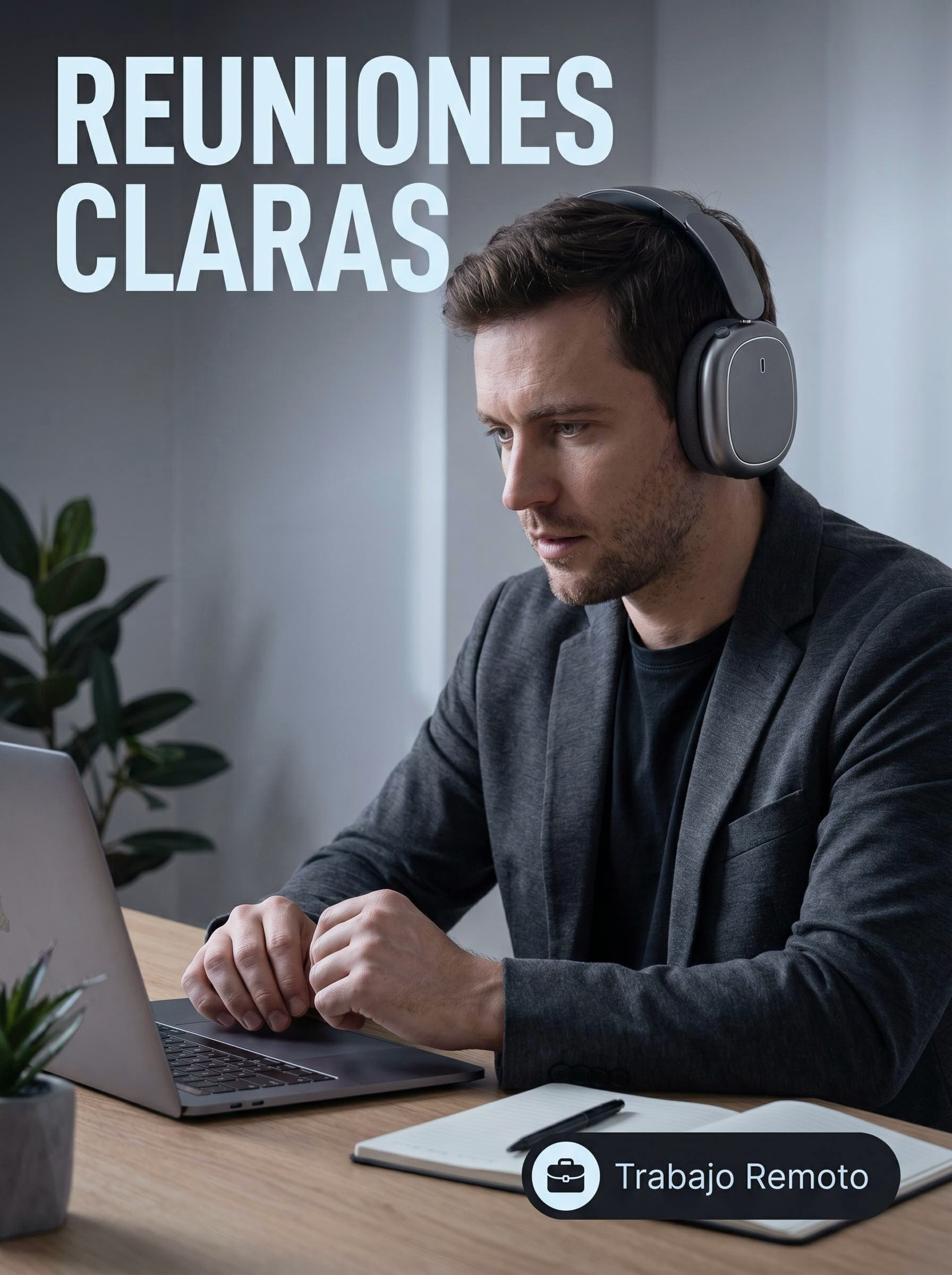 Un hombre con auriculares trabaja en una laptop en un escritorio.