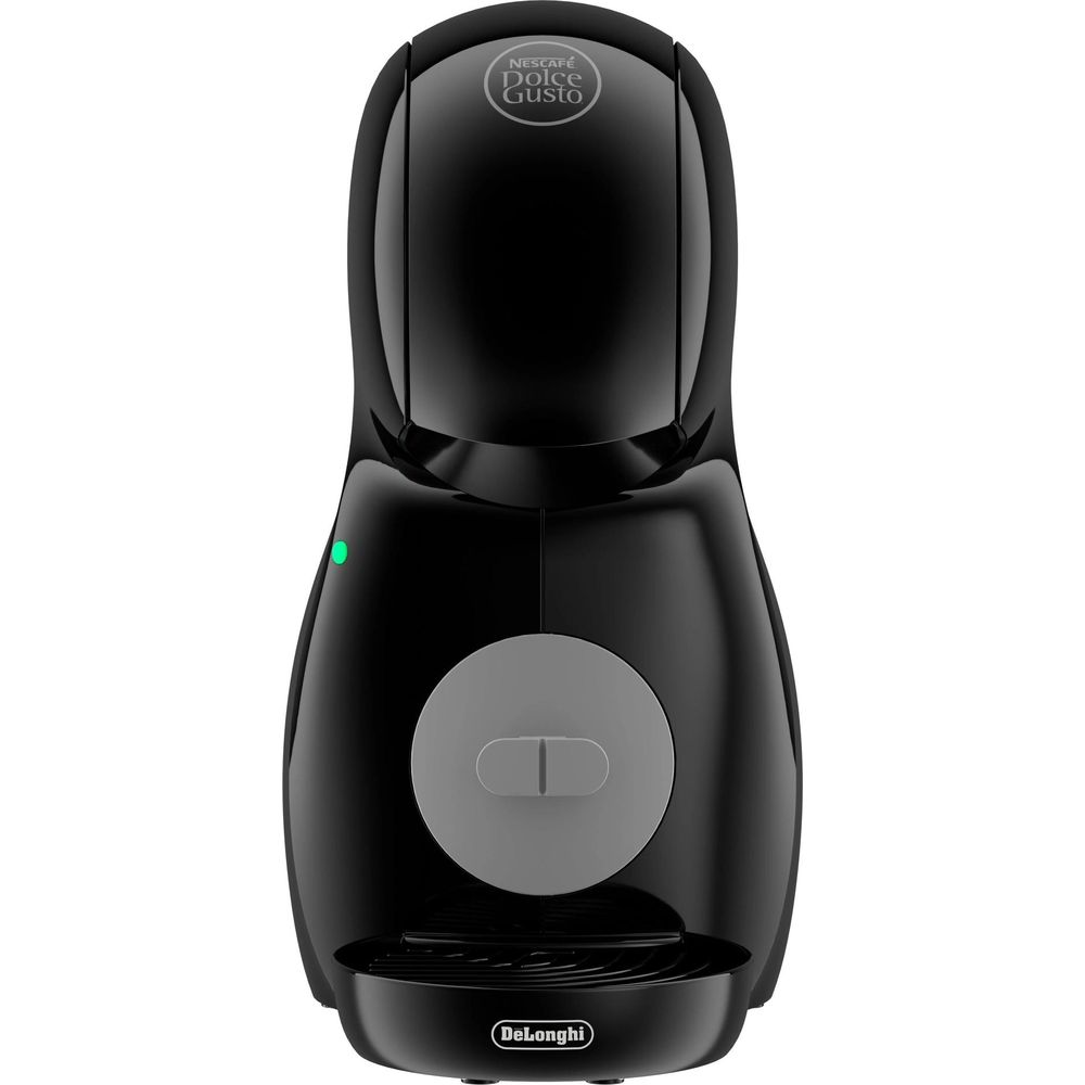 Una macchina da caffè nera DeLonghi Nescafe Dolce Gusto con pulsanti rotondi su sfondo bianco.