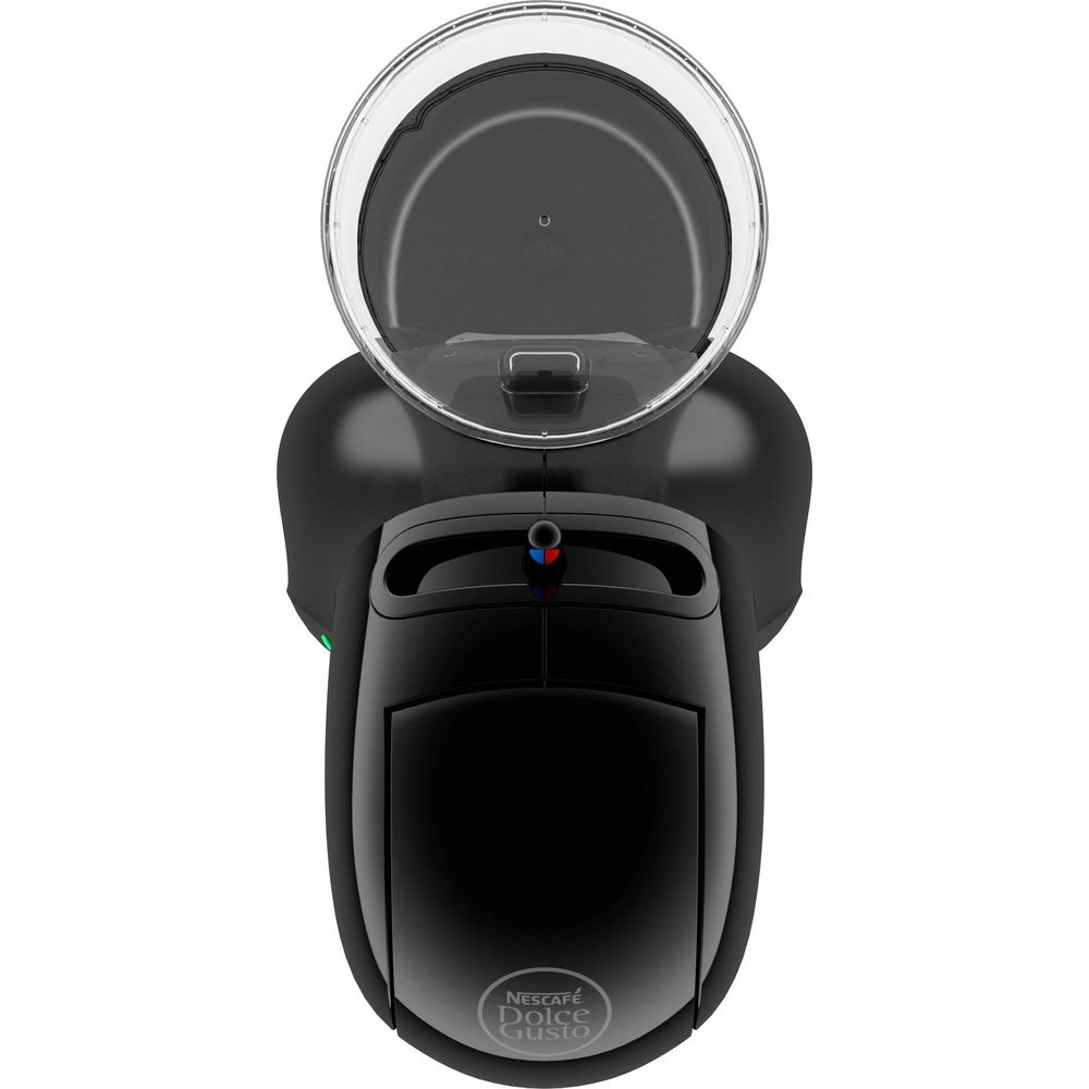 Una macchina da caffè nera Nescafé Dolce Gusto vista dall'alto con il coperchio del serbatoio dell'acqua aperto.