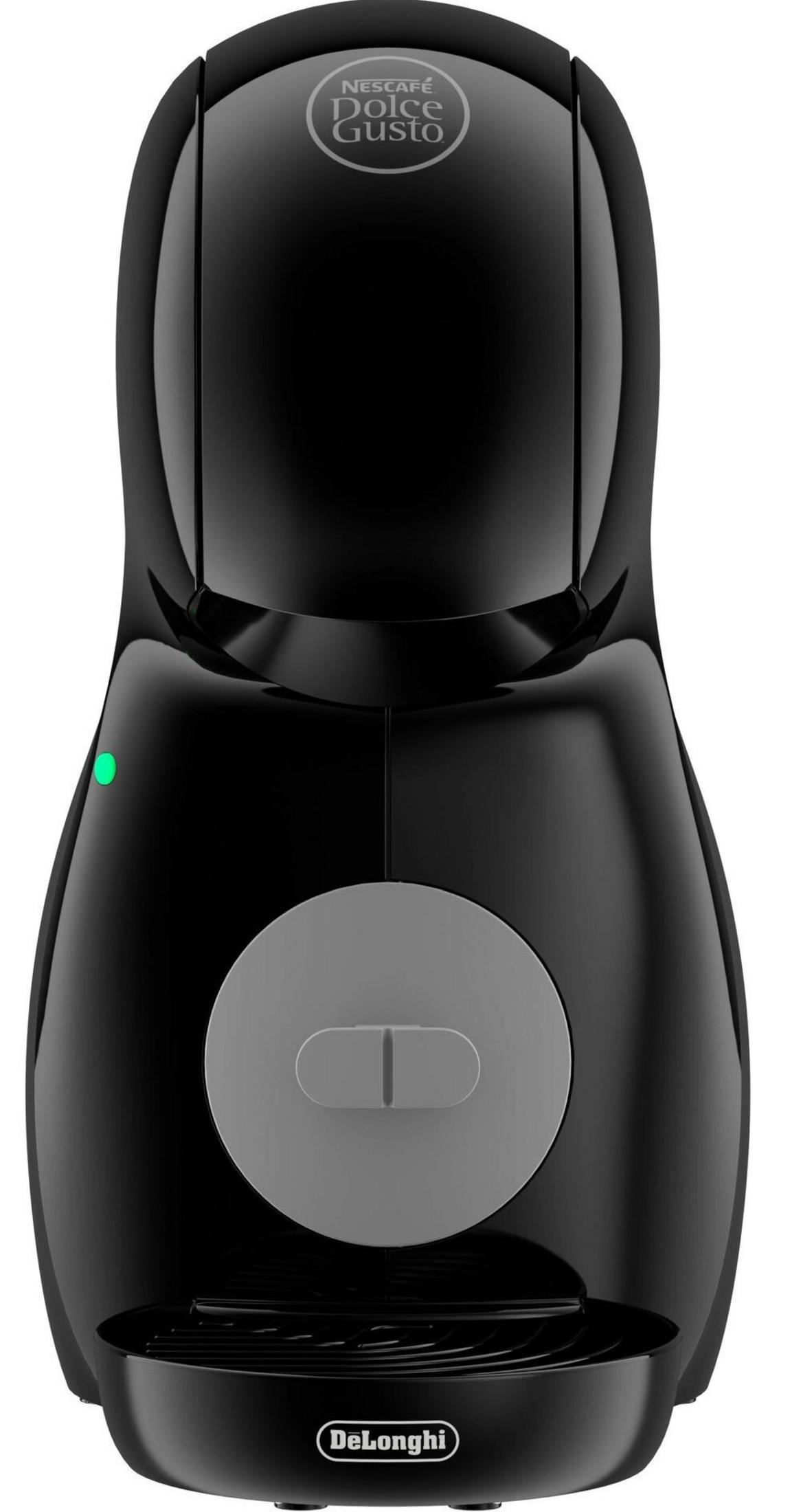 Una macchina da caffè nera Nescafé Dolce Gusto con controllo grigio e luce verde, su sfondo bianco.
