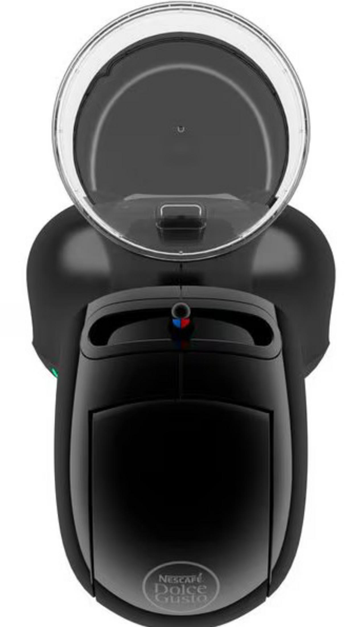 Vista dall'alto di una macchina da caffè nera Nescafe Dolce Gusto con serbatoio trasparente.