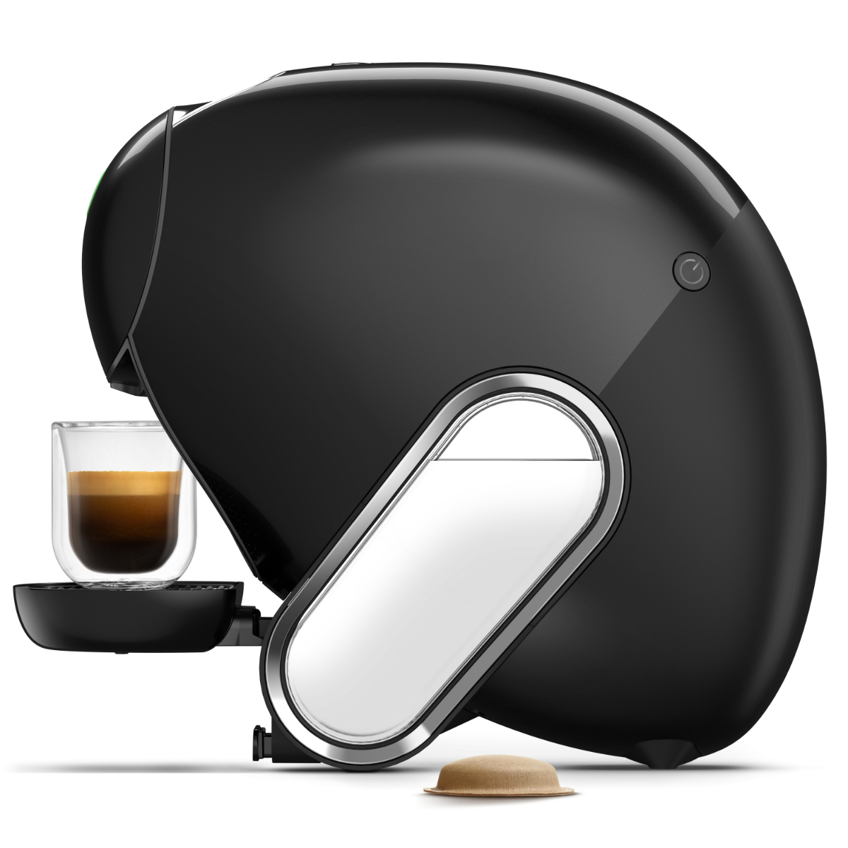 Moderna macchina da caffè nera con bicchiere di espresso e capsula.