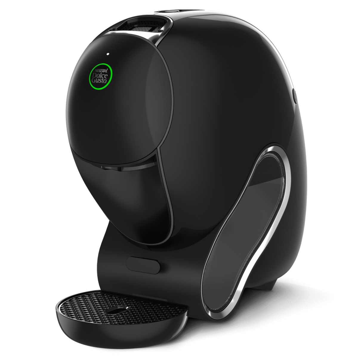 Moderna macchina da caffè nera Nescafe Dolce Gusto dal design arrotondato con logo verde luminoso su sfondo bianco.
