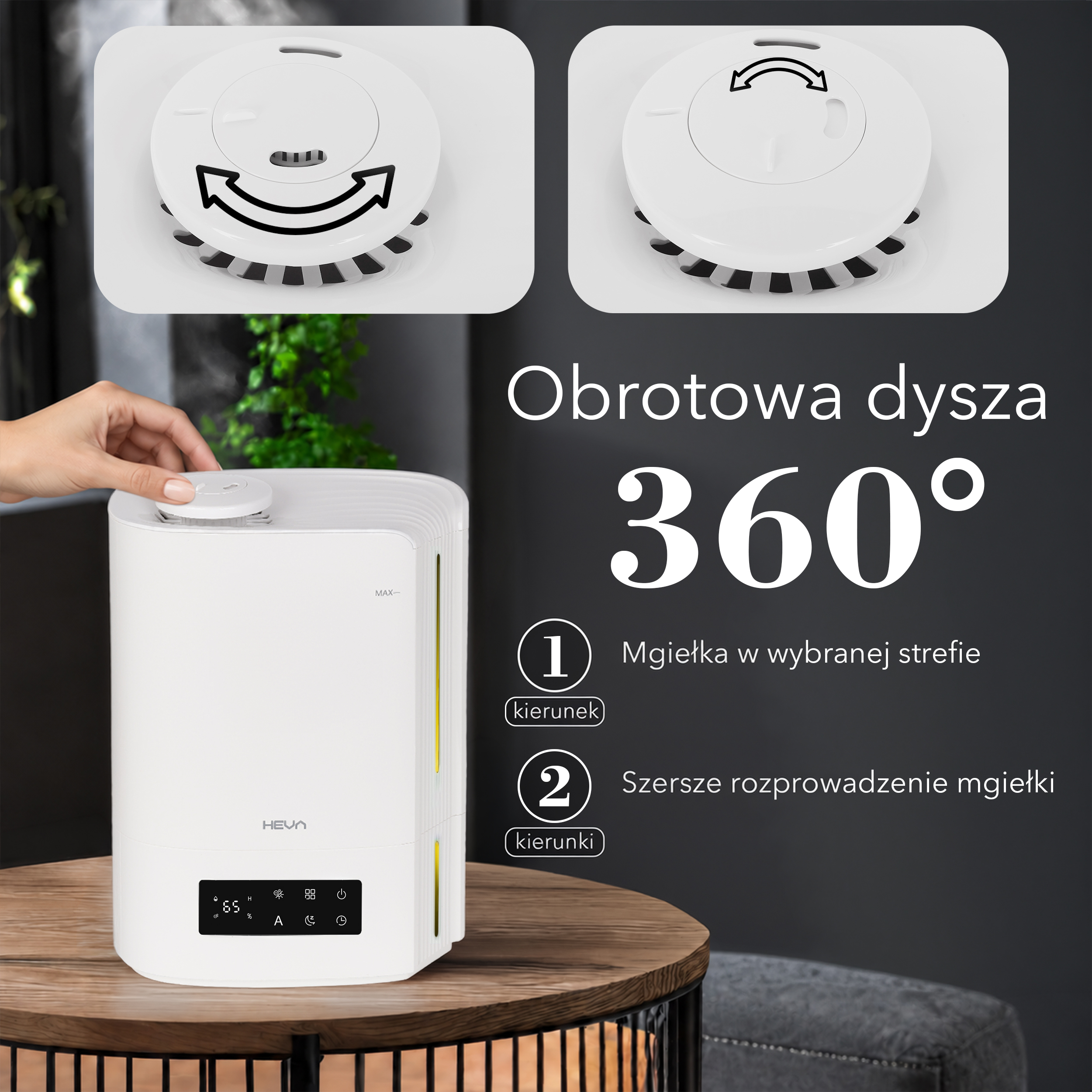 Biały nawilżacz na drewnianym stoliku z obrotową dyszą 360 stopni i polskim tekstem.
