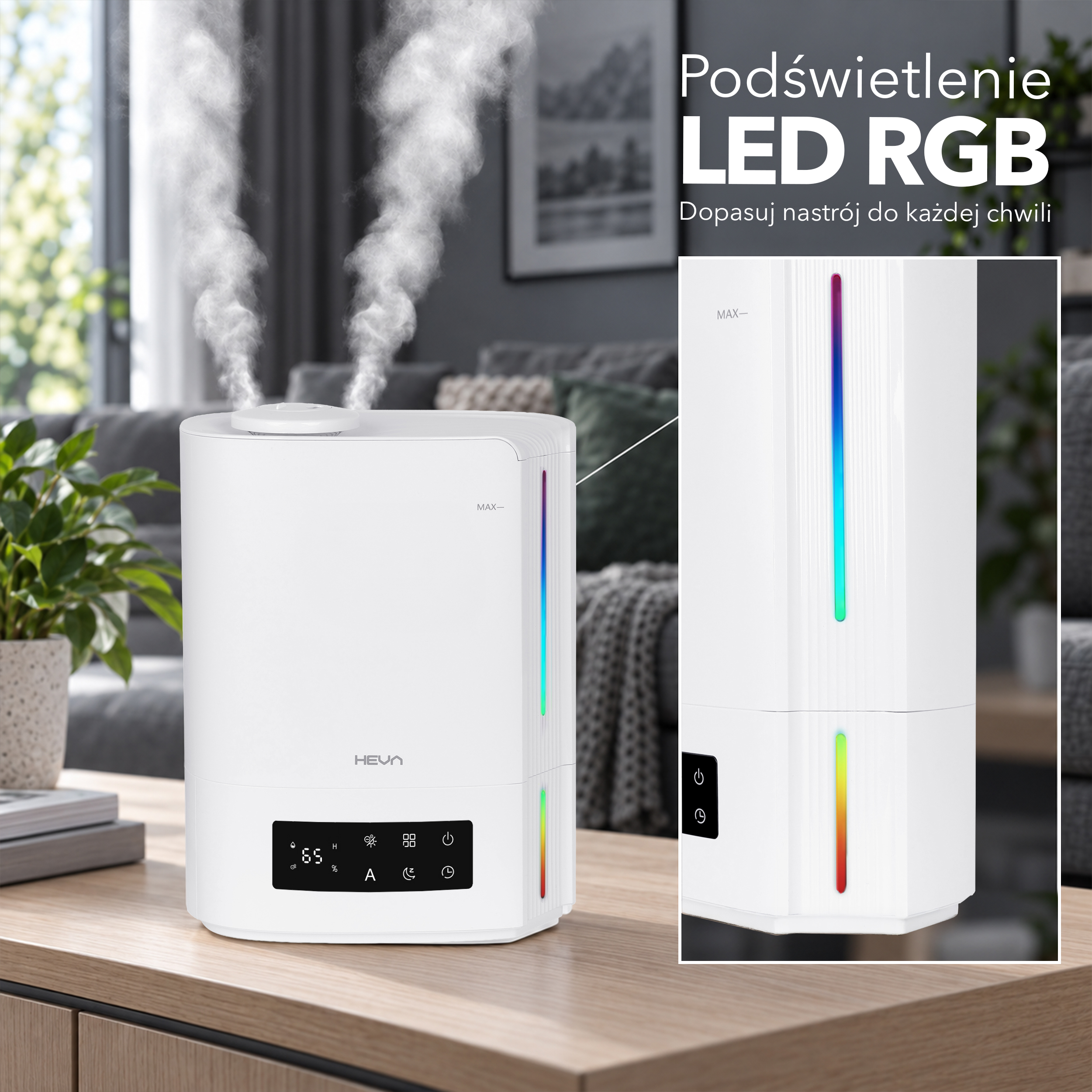 Biały nawilżacz na drewnianym stole emituje mgiełkę, z oświetleniem LED RGB po prawej stronie.