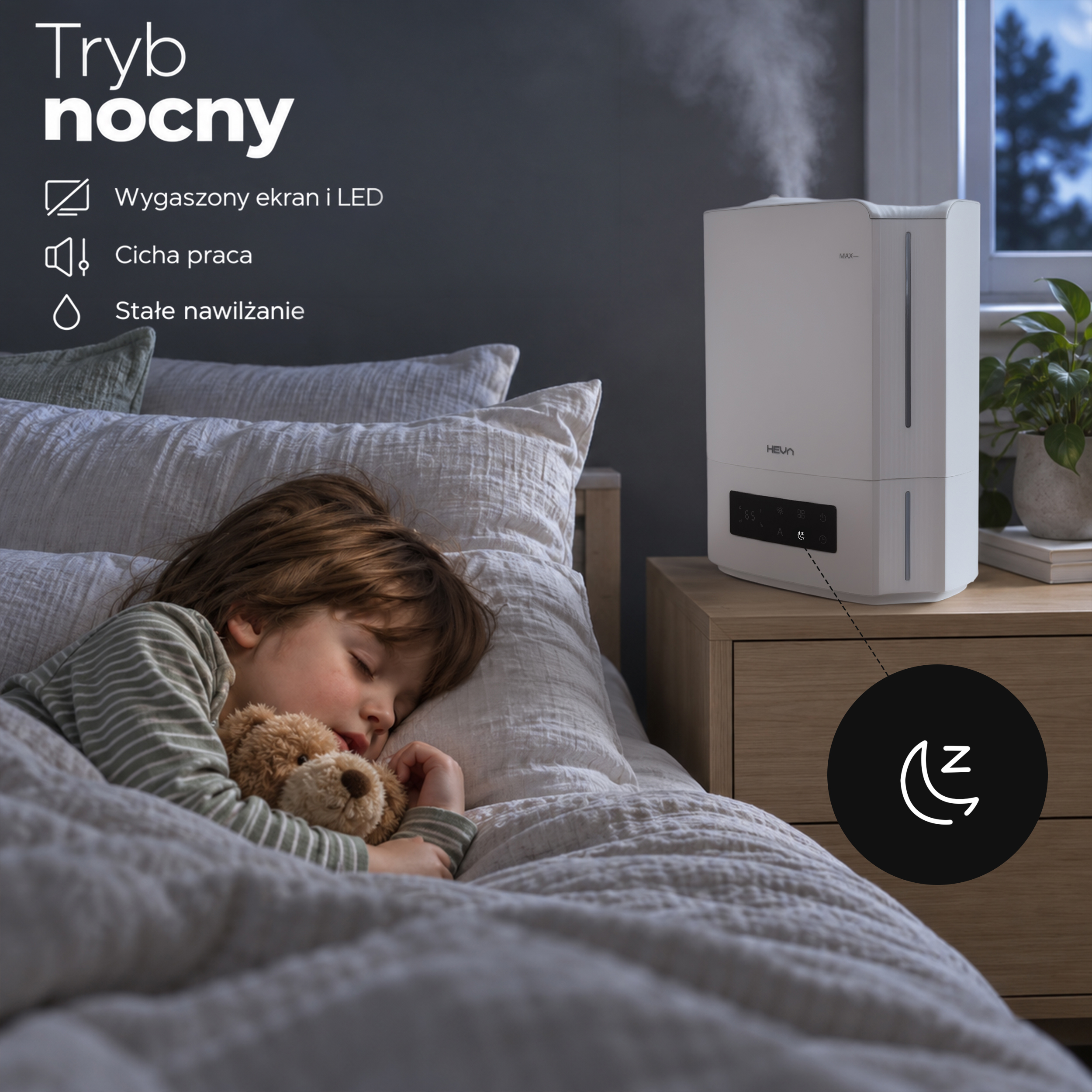 Dziecko śpi spokojnie w łóżku obok szafki nocnej z białym nawilżaczem powietrza emitującym mgiełkę.