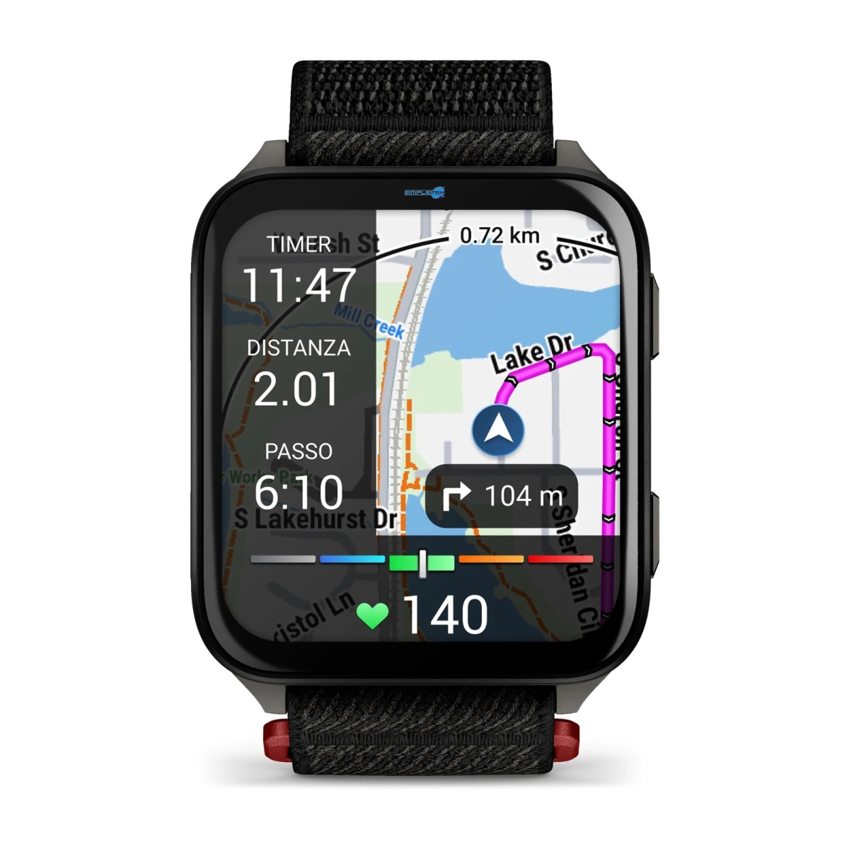 Uno smartwatch nero che mostra navigazione, timer, distanza, passo e frequenza cardiaca sullo schermo.