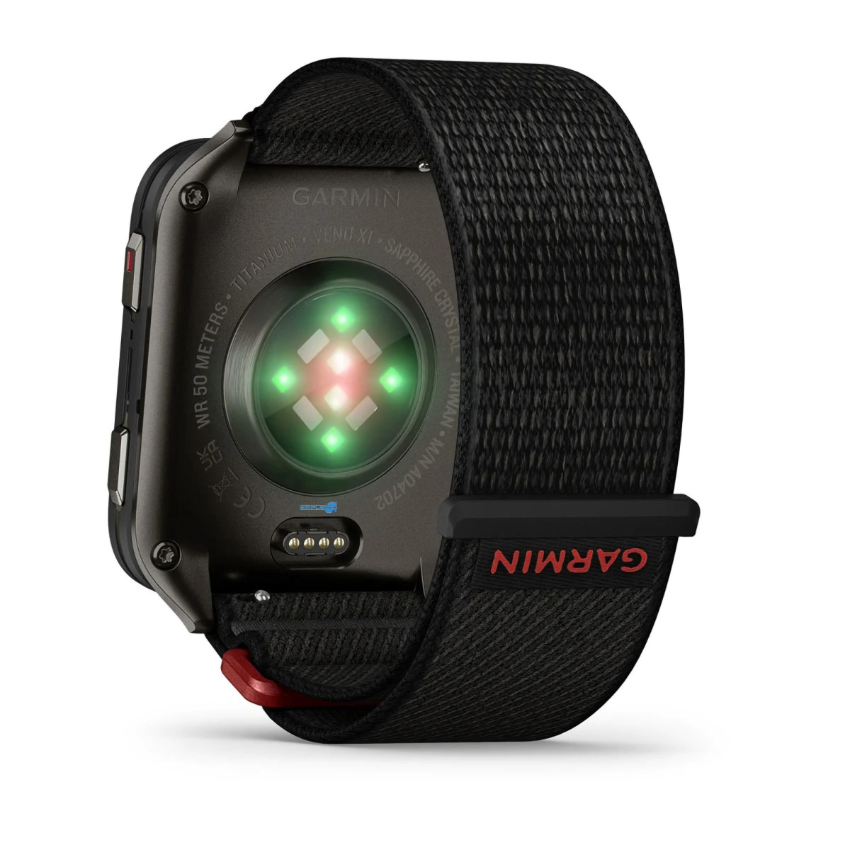 Retro di uno smartwatch Garmin Venu X1 con sensore di frequenza cardiaca attivo e cinturino in tessuto nero.