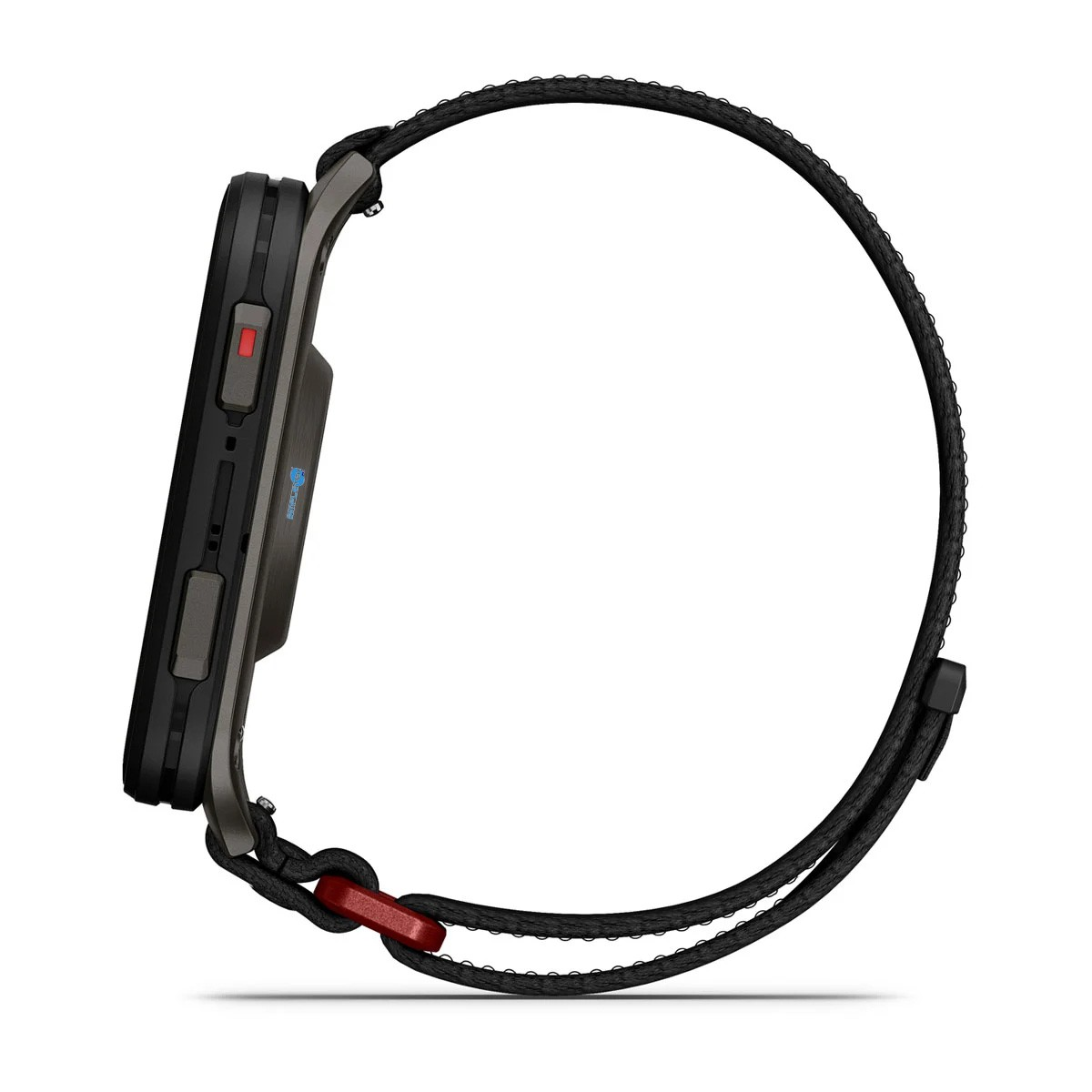Vista laterale di uno smartwatch nero con una robusta cassa grigia e un cinturino in tessuto nero intrecciato.