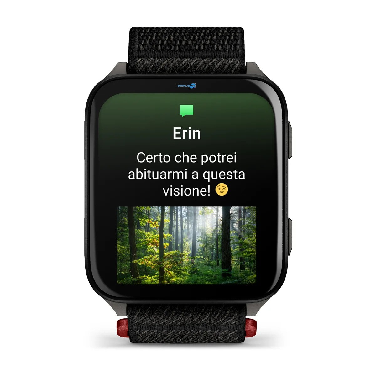 Uno smartwatch nero con un messaggio in italiano da Erin su una vista boscosa, che mostra una foto di un bosco.