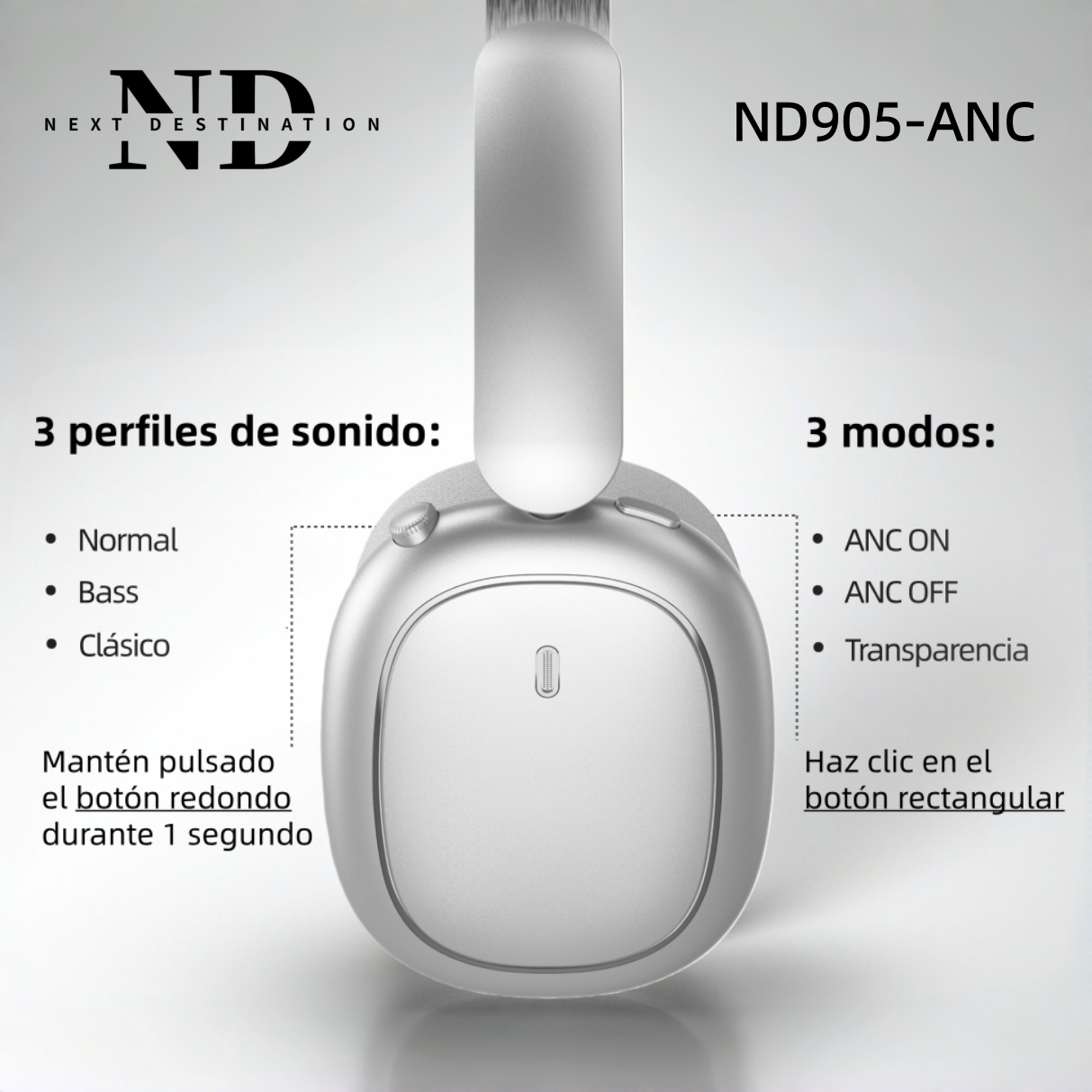 Auriculares plateados ND905-ANC con perfiles de sonido a la izquierda y modos ANC a la derecha.