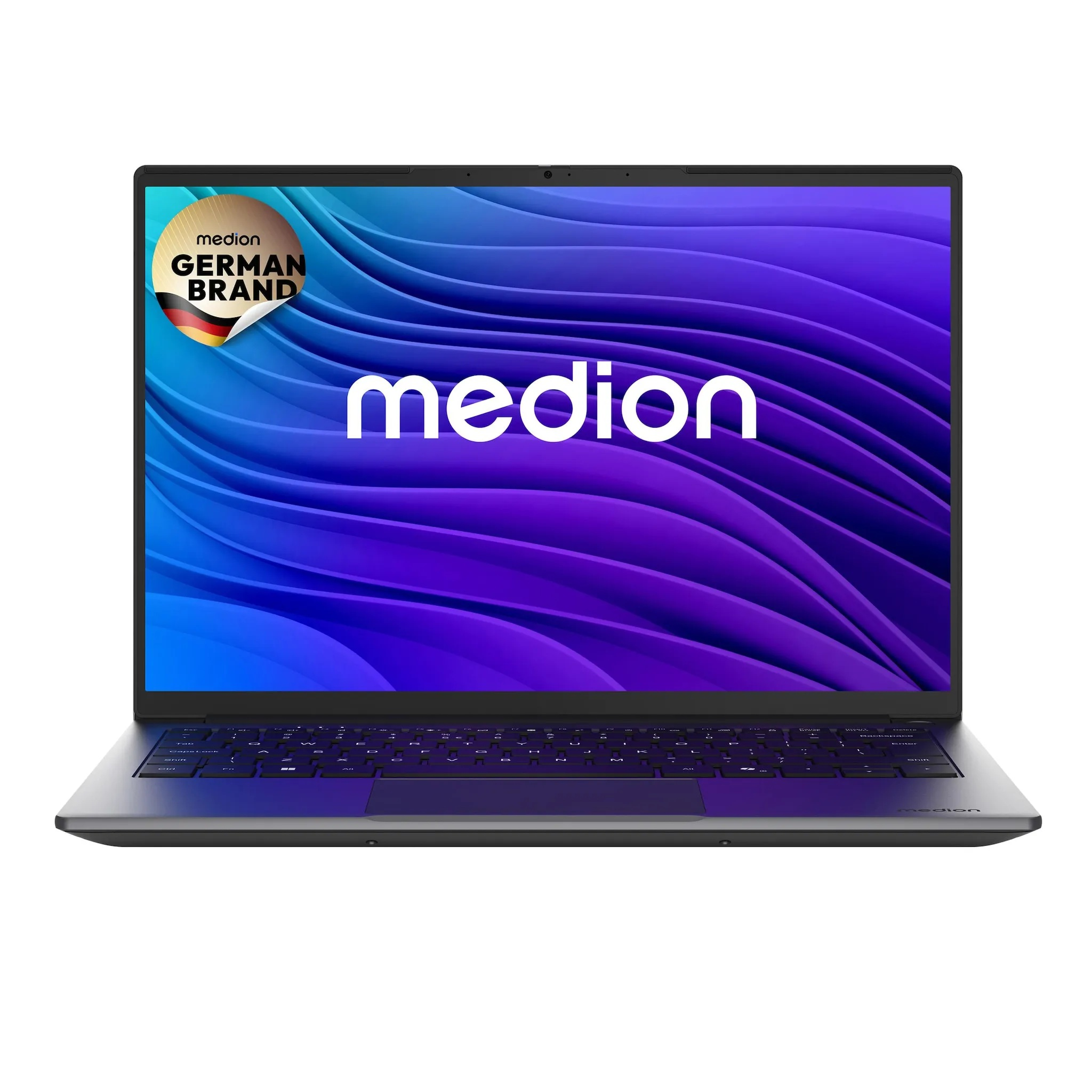 Ein offener Medion Laptop mit blauem Wellenmuster auf dem Bildschirm und einer German Brand Plakette.