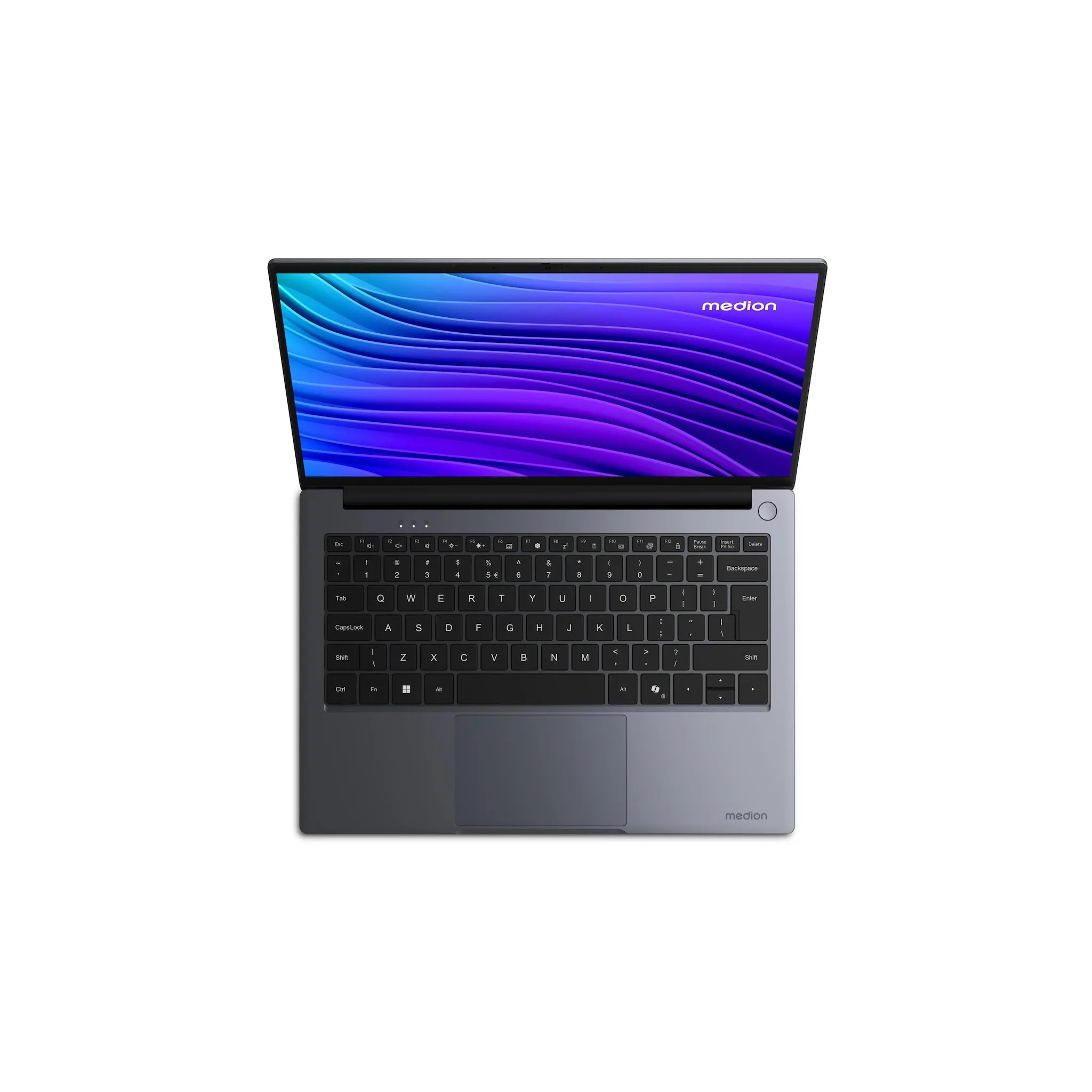 Ein grauer Laptop von oben mit schwarzer Tastatur und blauem Wellenhintergrund auf dem Bildschirm.