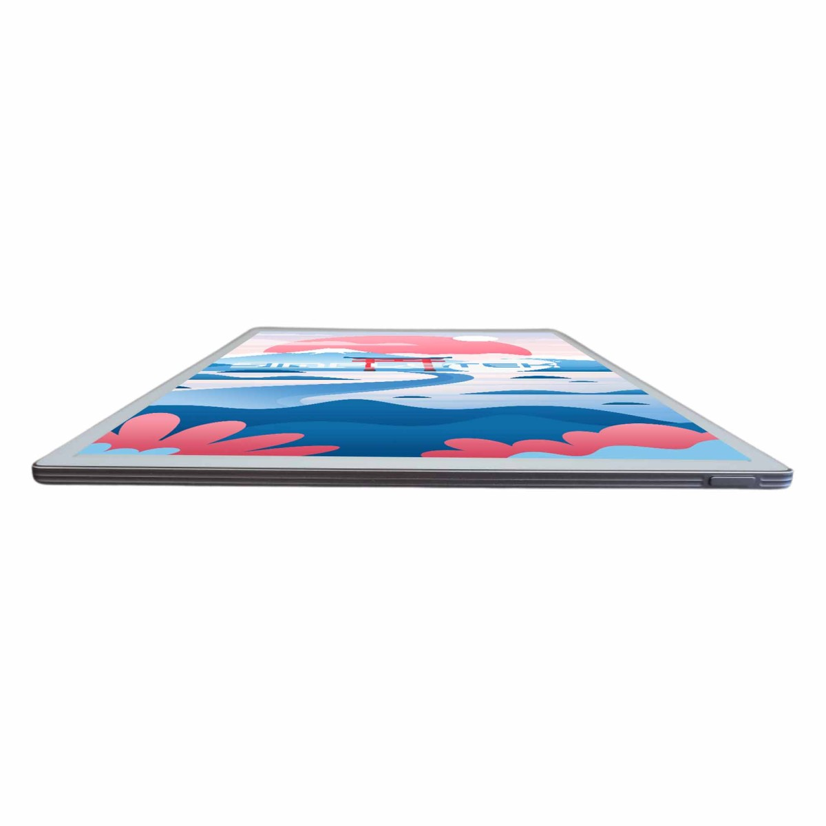 Un tablet piatto con uno sfondo colorato di ispirazione giapponese visto da una prospettiva bassa.