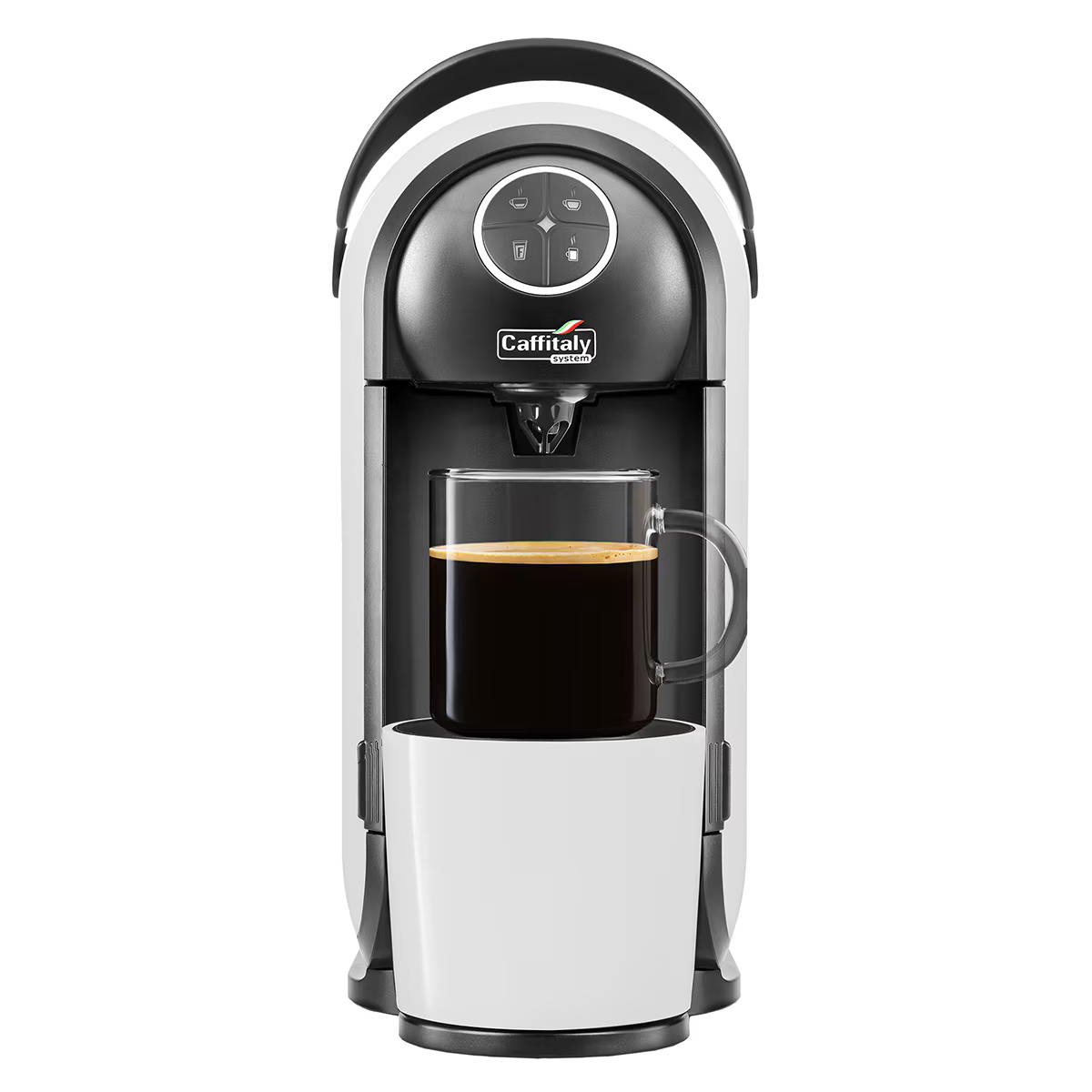 Eine schwarze und weiße Caffitaly Kaffeemaschine mit einer Glas Tasse gefüllt mit Kaffee.