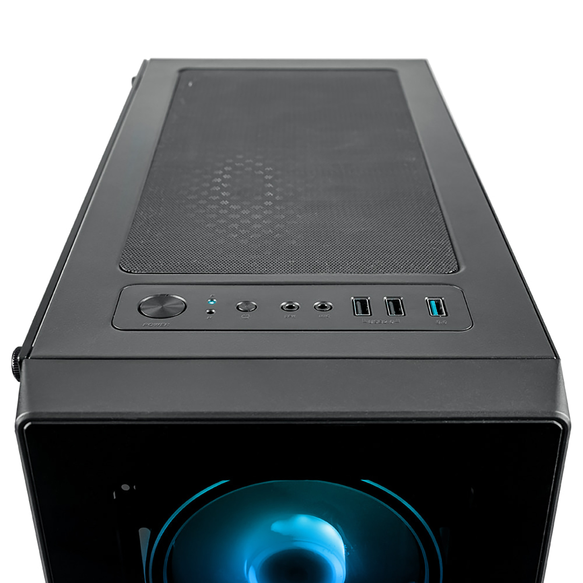 Schwarzes PC-Gehäuse von oben mit Anschlüssen, Mesh-Oberseite und blau beleuchtetem Frontlüfter.