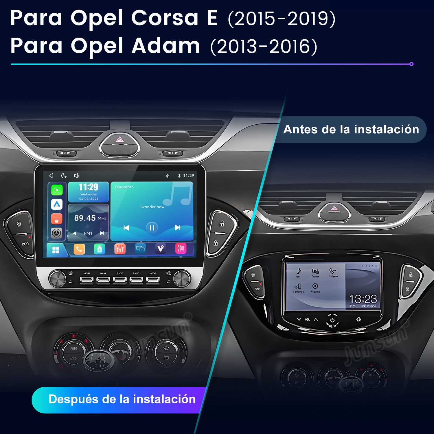Comparación del interior de un coche Opel antes y después de instalar una nueva pantalla multimedia.