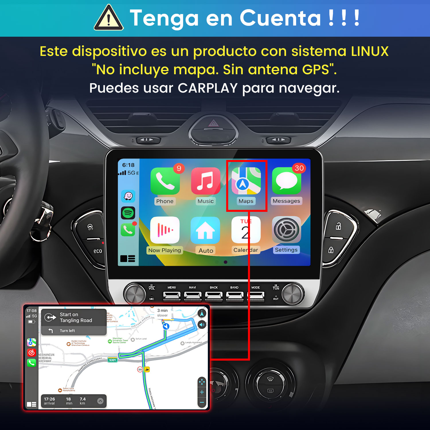 Radio de coche Linux con menú CarPlay y aviso sobre falta de antena GPS.