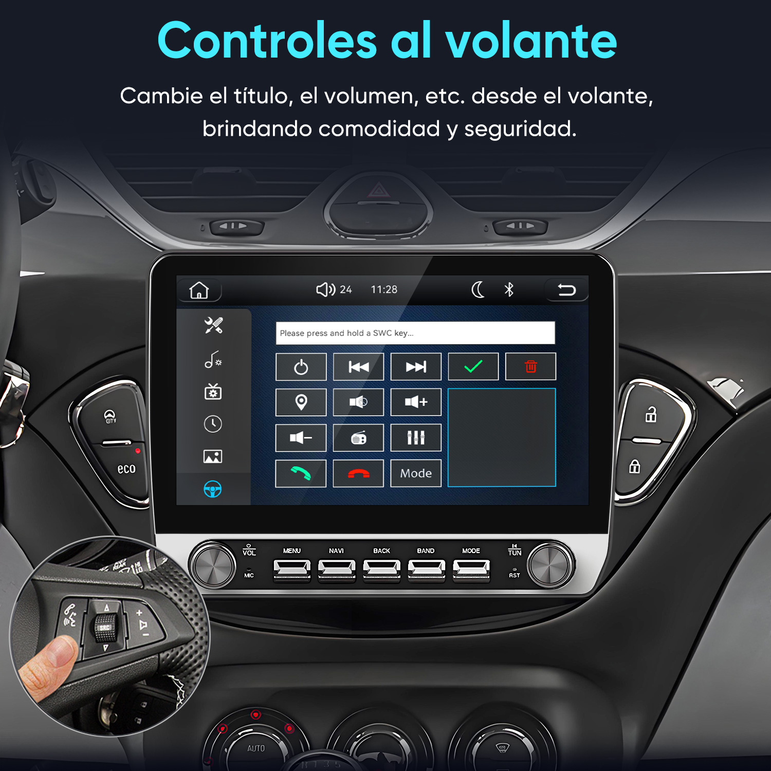 Tablero de auto con sistema de infoentretenimiento táctil y controles en el volante.