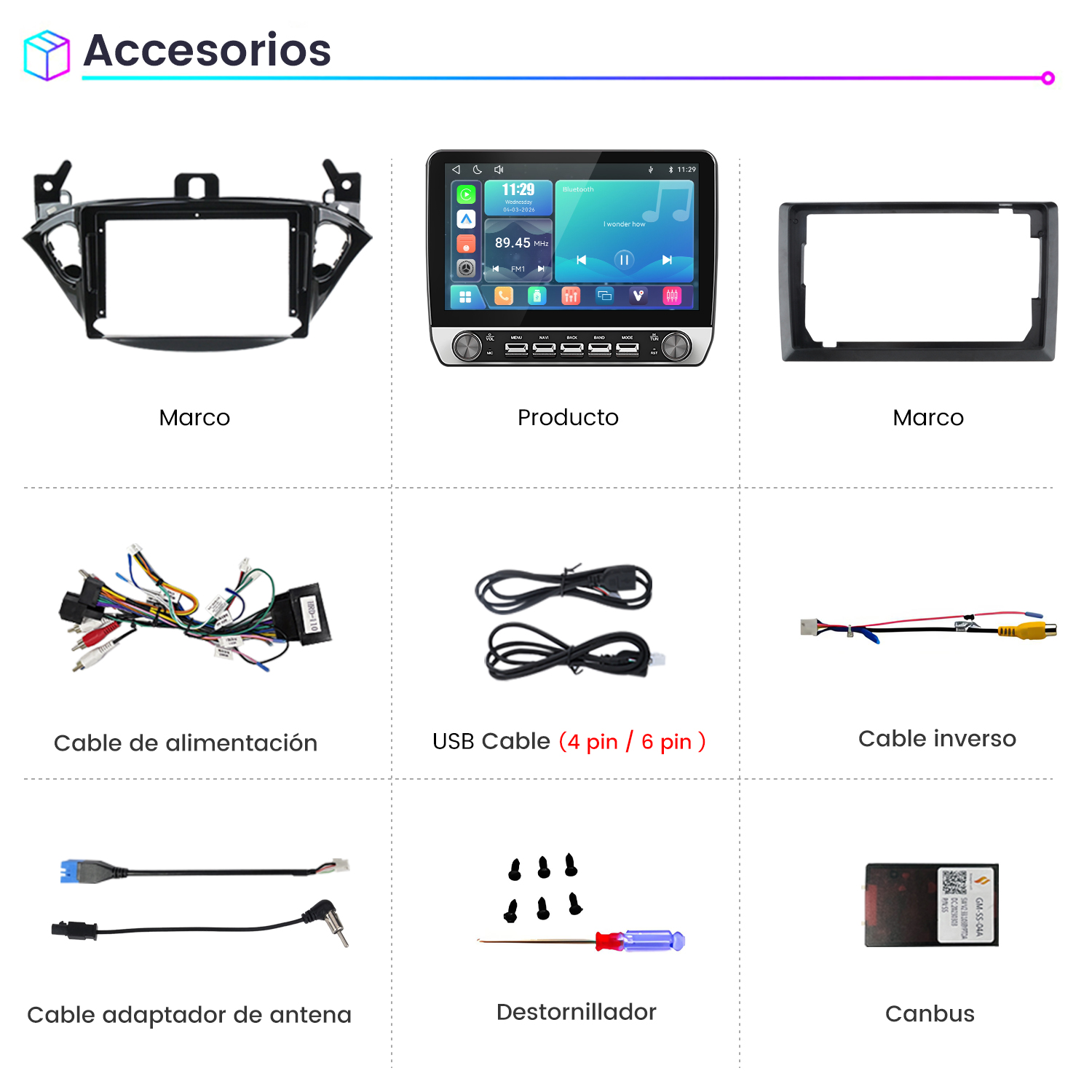 Cuadrícula con accesorios de coche como pantalla, marcos, cables, destornillador y canbus sobre fondo blanco.